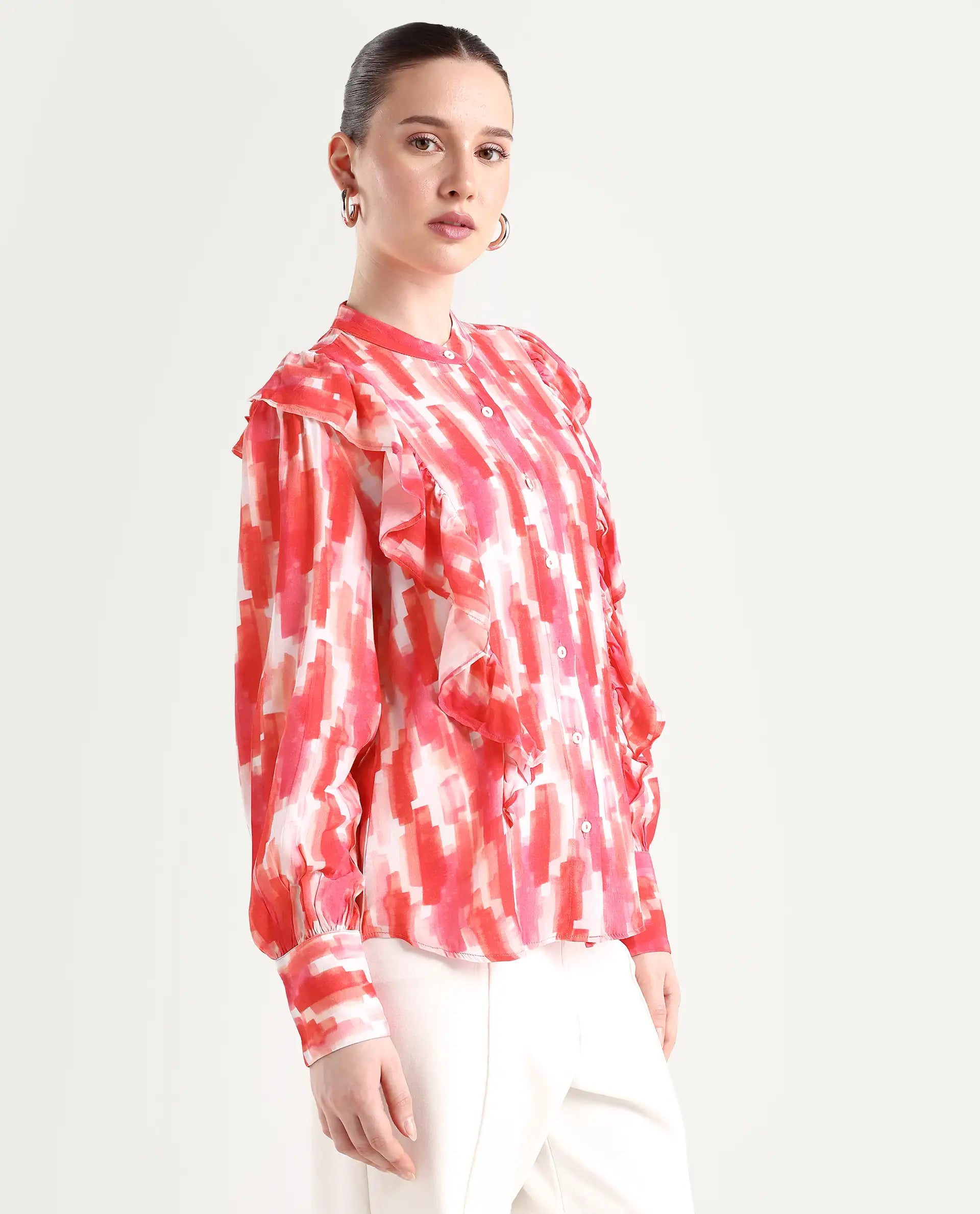 Rareism Women's Goku Pink Mandarin Collar Printed Knee Length Regular Fit Top