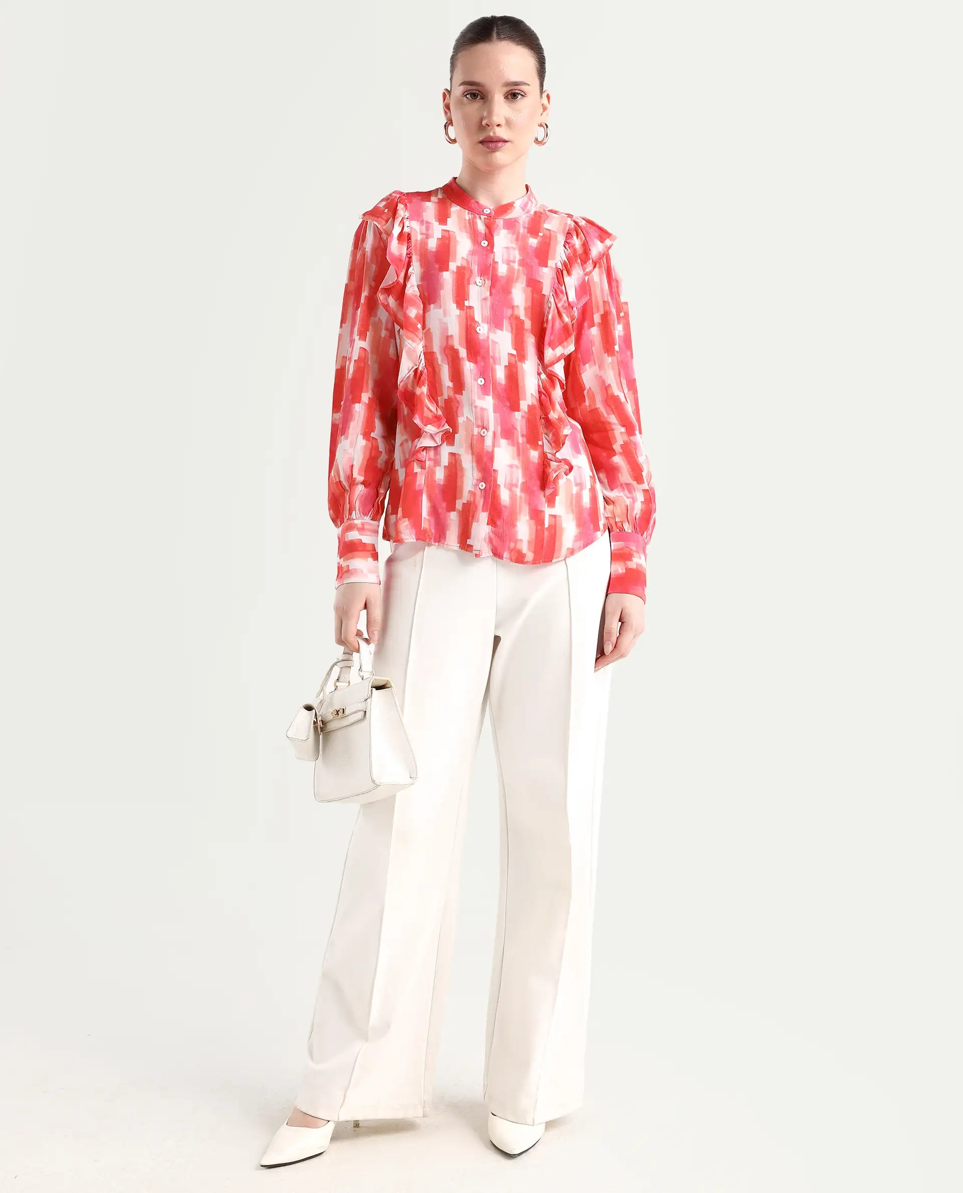 Rareism Women's Goku Pink Mandarin Collar Printed Knee Length Regular Fit Top