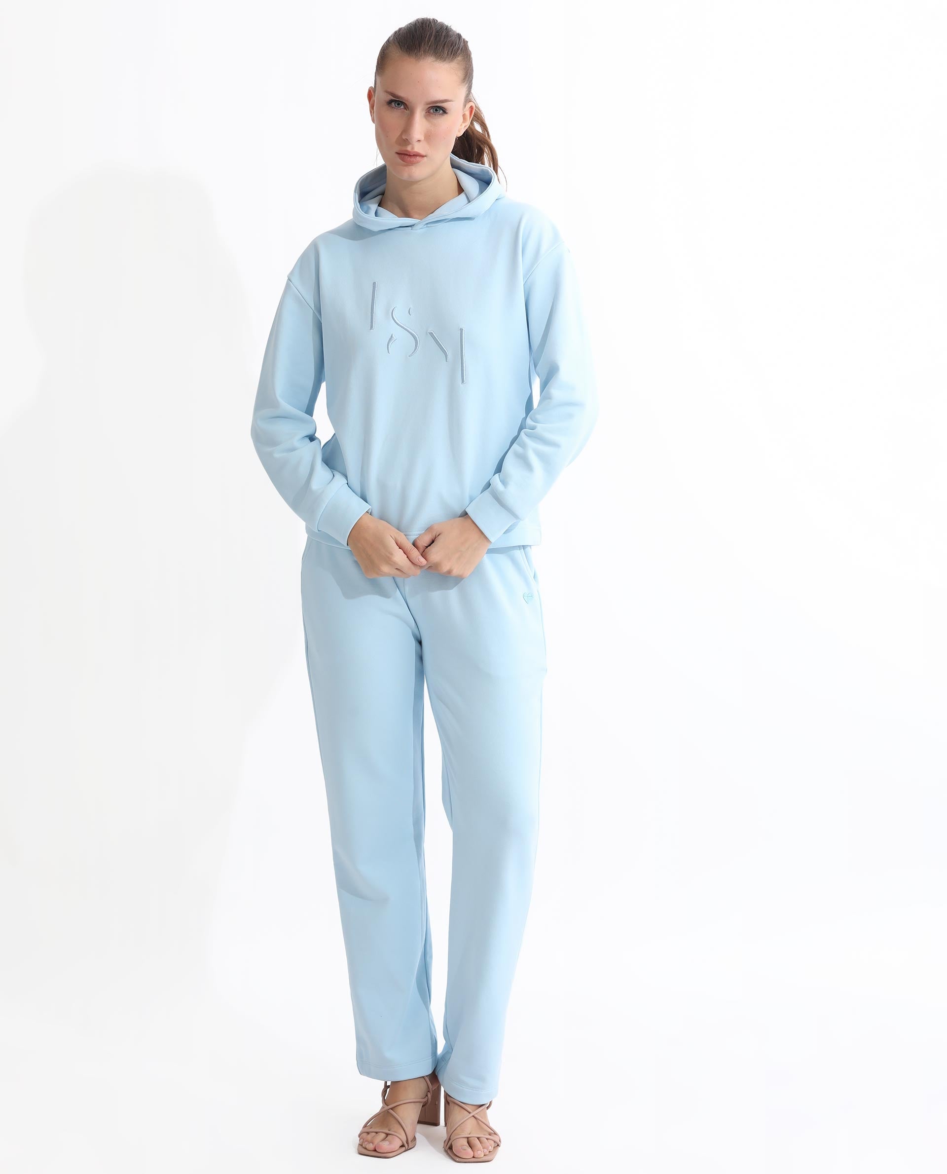 Rareism Women's Golder Light Blue Polyester Blend Hooded Embroidered Regular Fit Sweatshirt