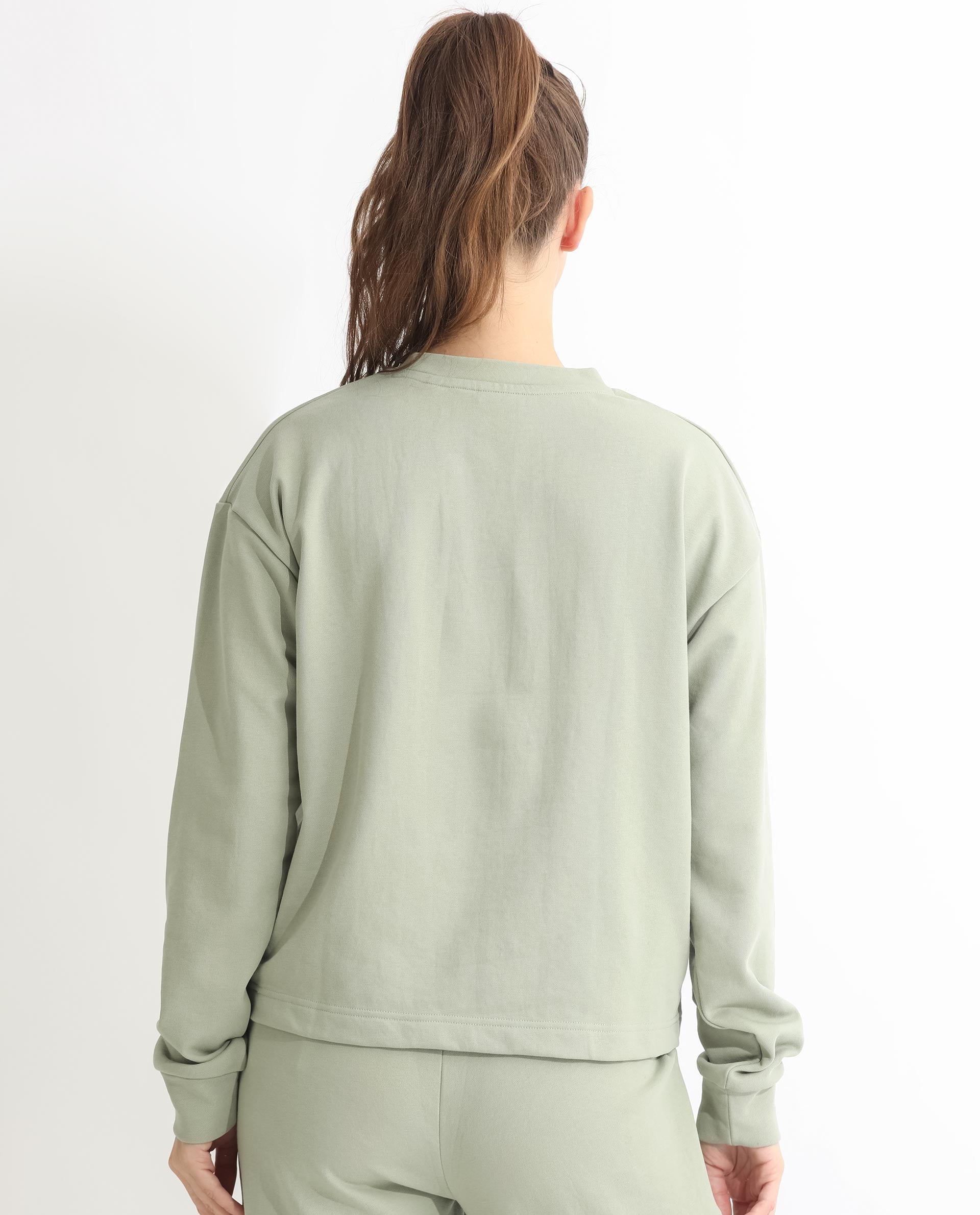 Rareism Women's Goldrage Dusky Green Polyester Blend Crew Neck Embroidered Regular Fit Sweatshirt