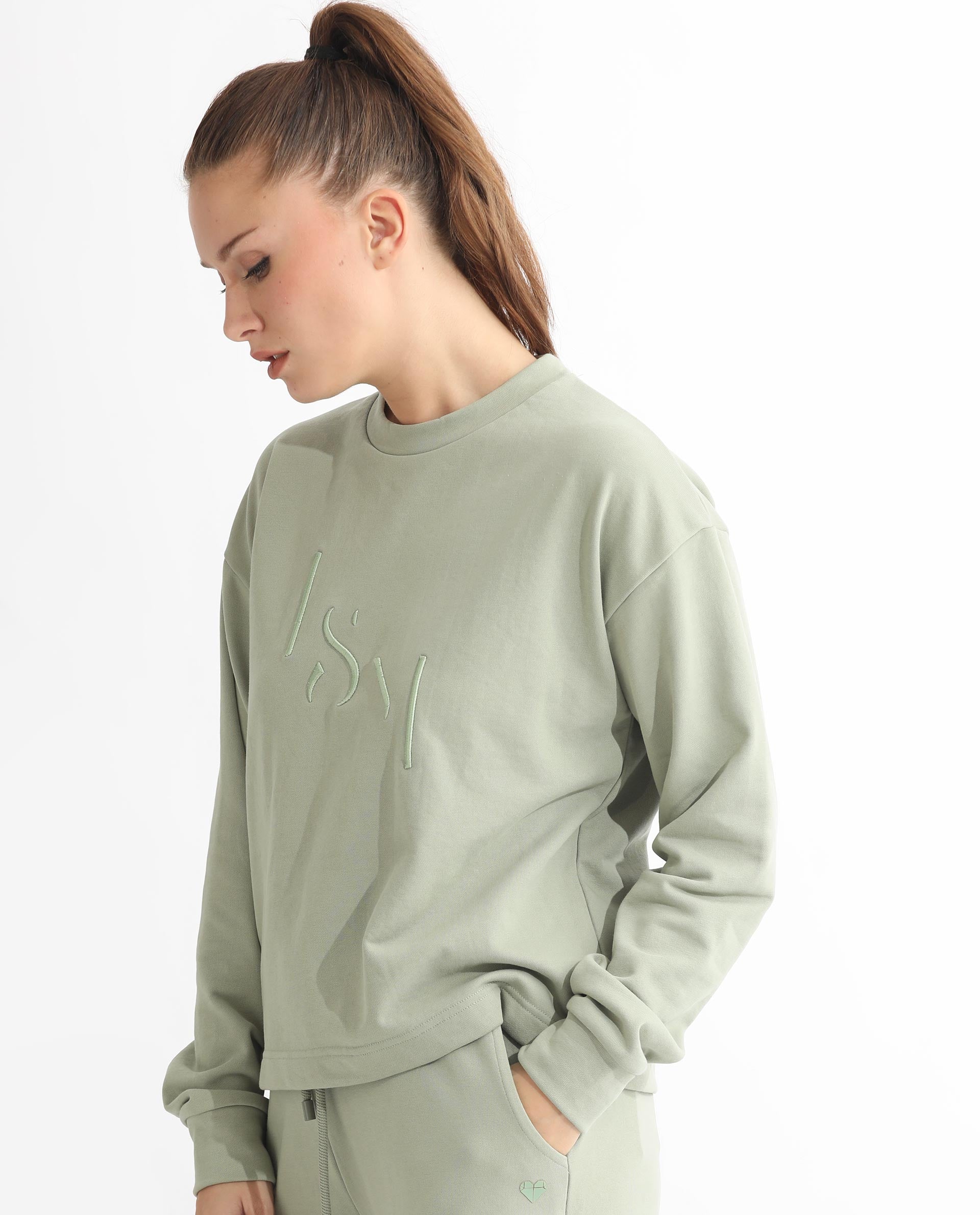 Rareism Women's Goldrage Dusky Green Polyester Blend Crew Neck Embroidered Regular Fit Sweatshirt