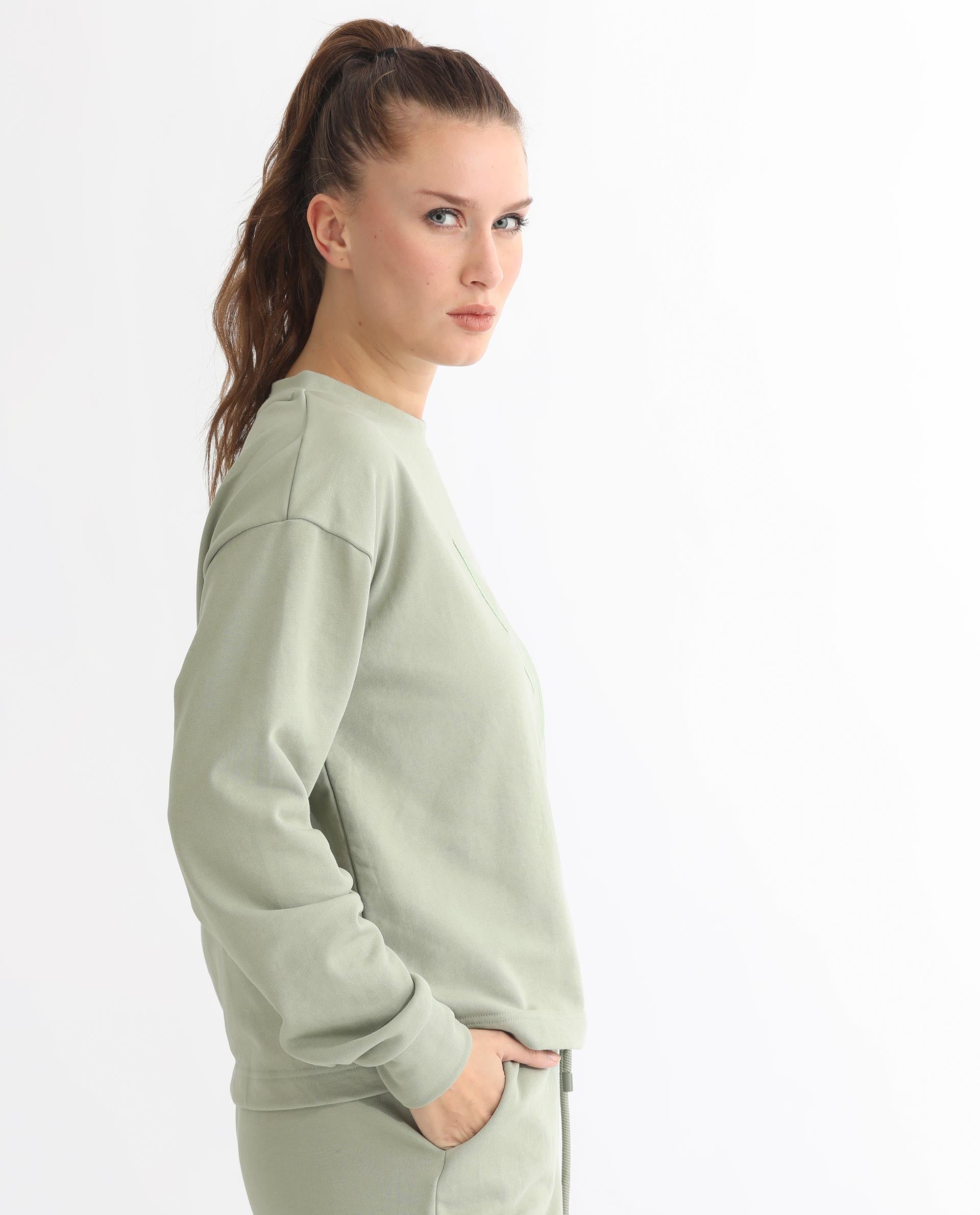 Rareism Women's Goldrage Dusky Green Polyester Blend Crew Neck Embroidered Regular Fit Sweatshirt