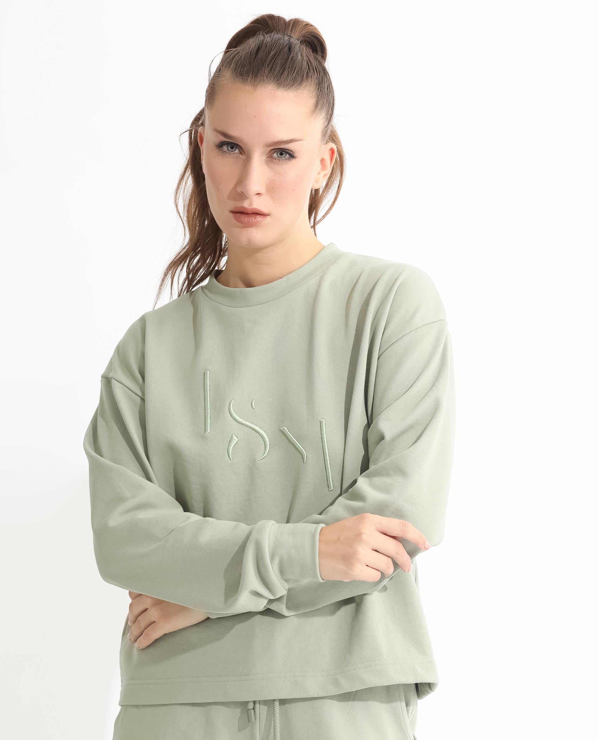 Rareism Women's Goldrage Dusky Green Polyester Blend Crew Neck Embroidered Regular Fit Sweatshirt