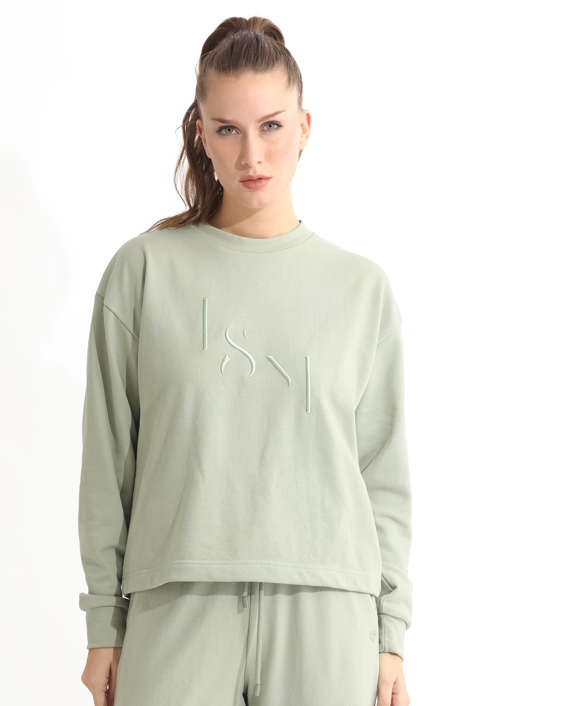 Rareism Women's Goldrage Dusky Green Polyester Blend Crew Neck Embroidered Regular Fit Sweatshirt