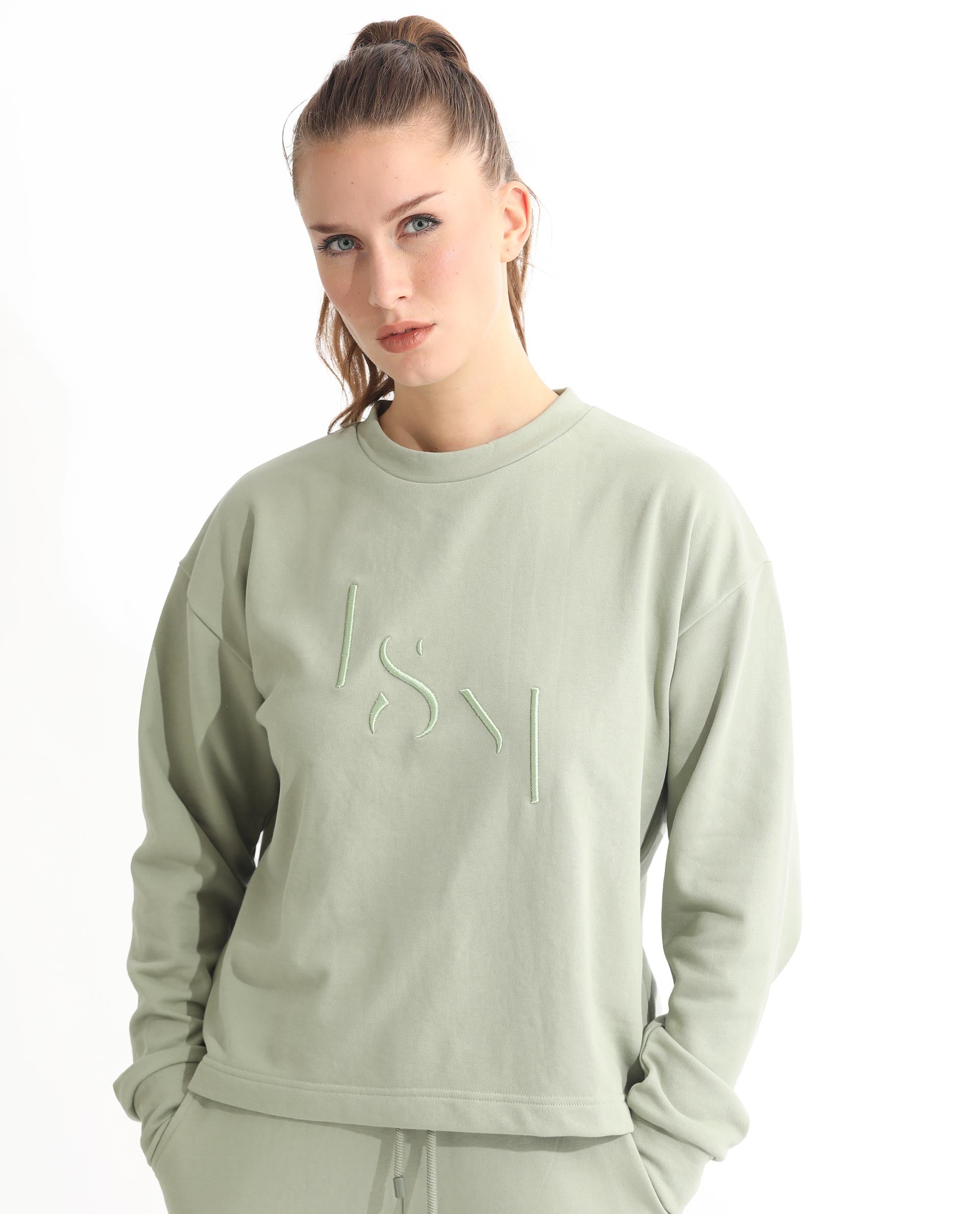 Rareism Women's Goldrage Dusky Green Polyester Blend Crew Neck Embroidered Regular Fit Sweatshirt