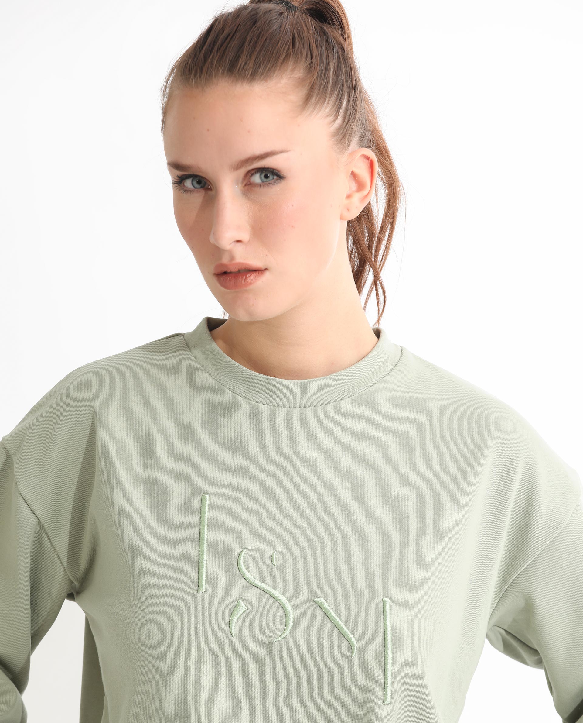Rareism Women's Goldrage Dusky Green Polyester Blend Crew Neck Embroidered Regular Fit Sweatshirt