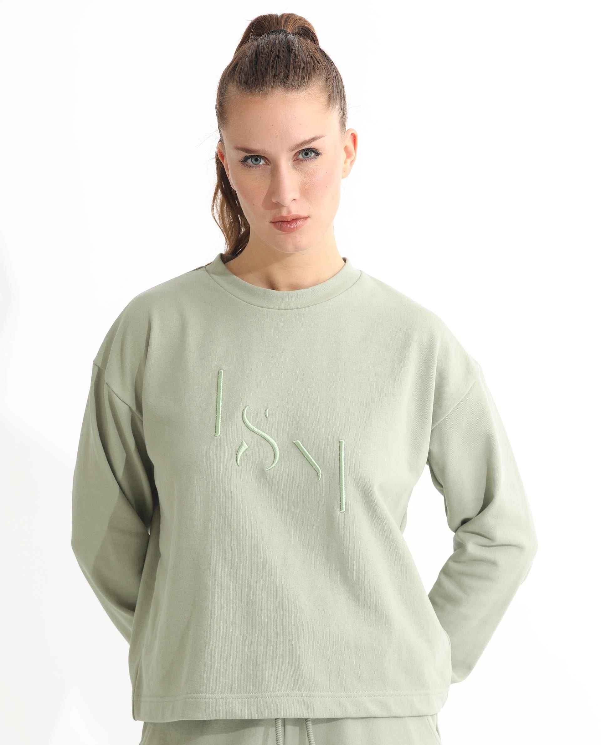 Rareism Women's Goldrage Dusky Green Polyester Blend Crew Neck Embroidered Regular Fit Sweatshirt