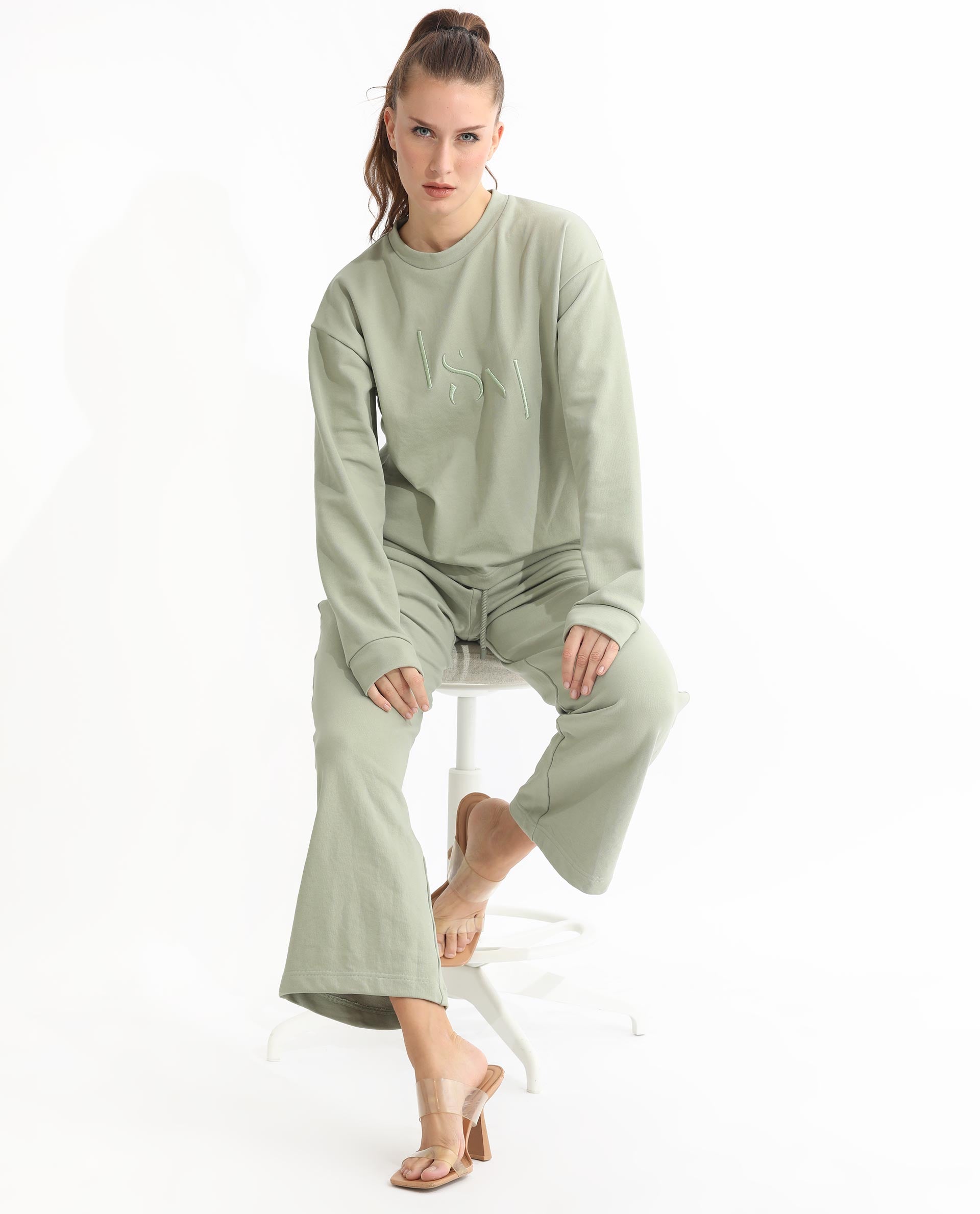 Rareism Women's Goldrage Dusky Green Polyester Blend Crew Neck Embroidered Regular Fit Sweatshirt