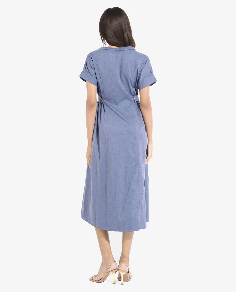 Rareism Women Comatch Dark Blue Extended Sleeves Collared Neck Button Closure Fit And Flare Midi Plain Dress