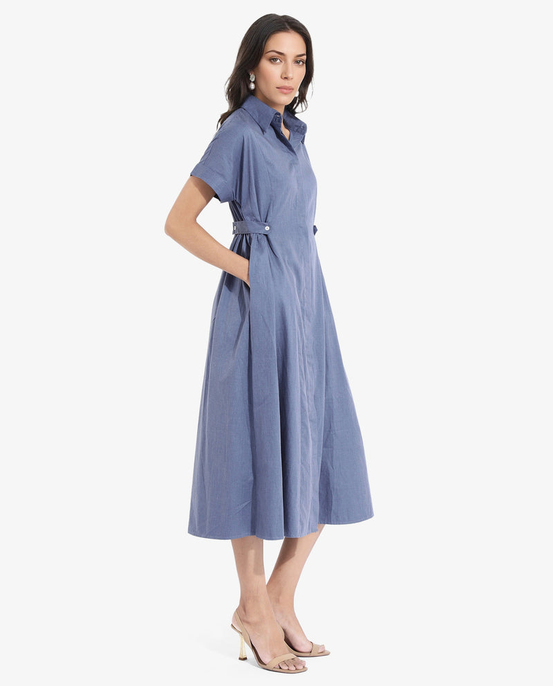 Rareism Women Comatch Dark Blue Extended Sleeves Collared Neck Button Closure Fit And Flare Midi Plain Dress