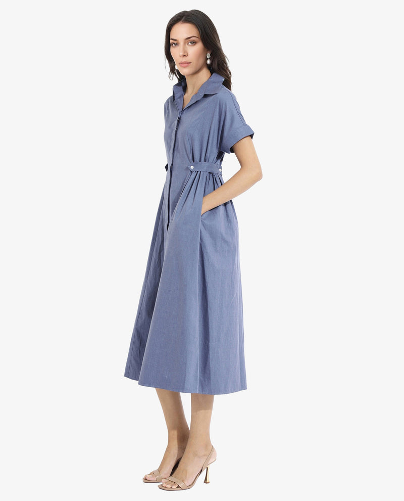 Rareism Women Comatch Dark Blue Extended Sleeves Collared Neck Button Closure Fit And Flare Midi Plain Dress