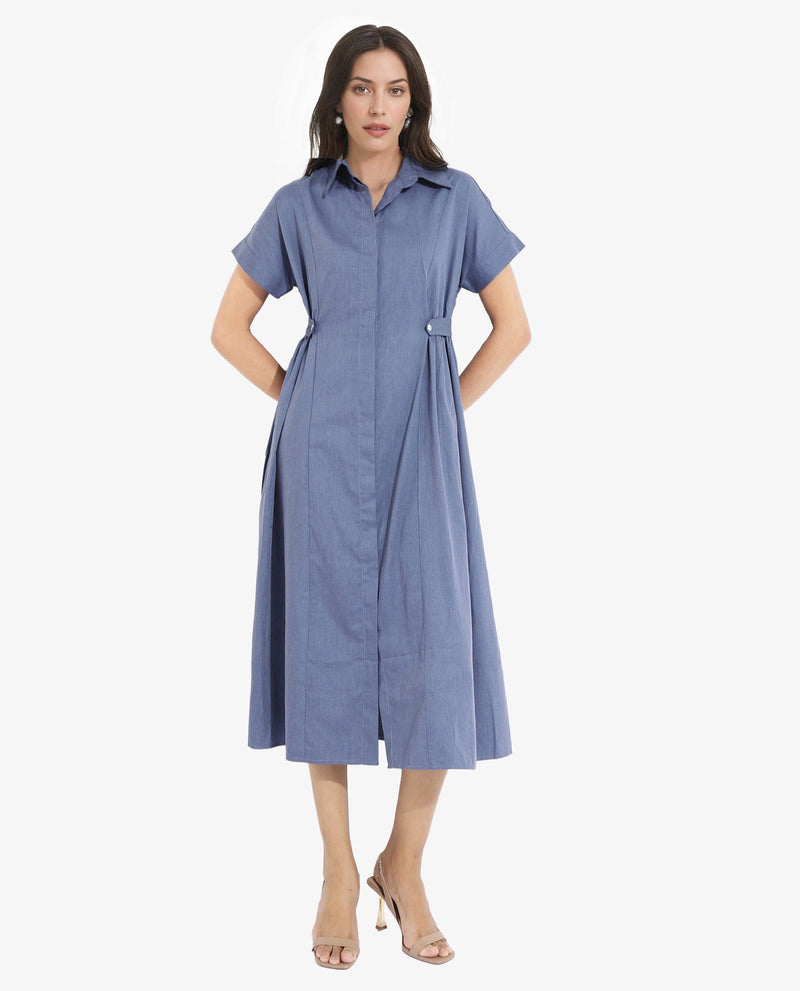 Rareism Women Comatch Dark Blue Extended Sleeves Collared Neck Button Closure Fit And Flare Midi Plain Dress