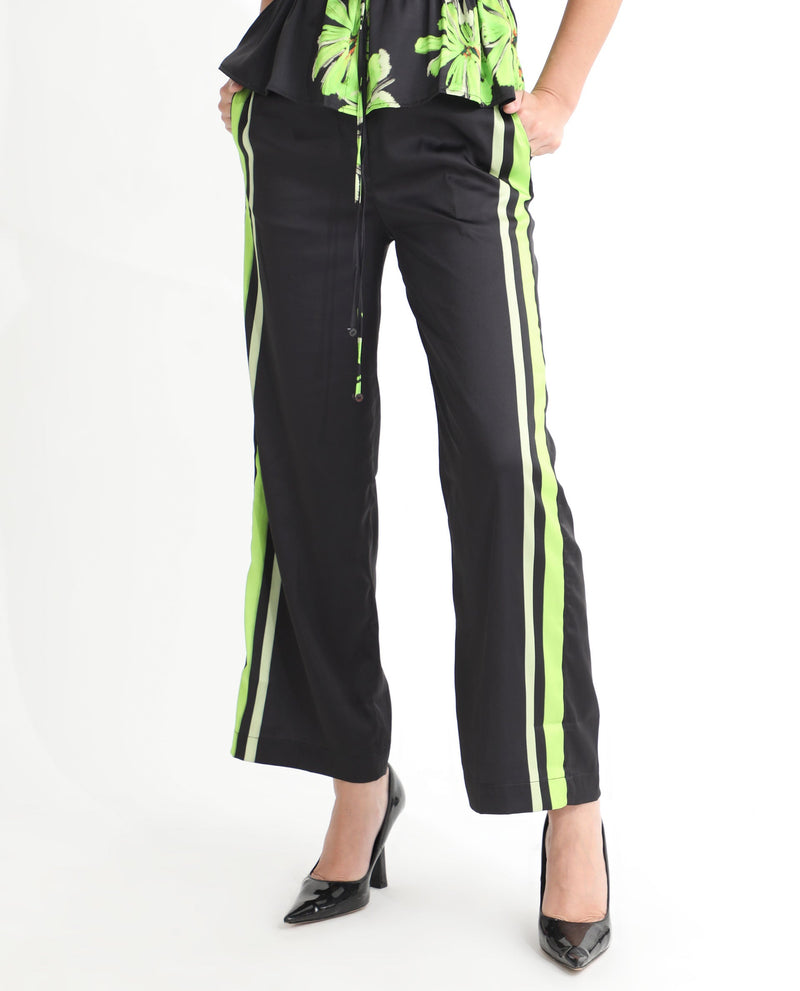 Rareism Women Gordon Black Polyester Fabric Drawstring Closure Regular Fit Striped Ankle Length Trousers