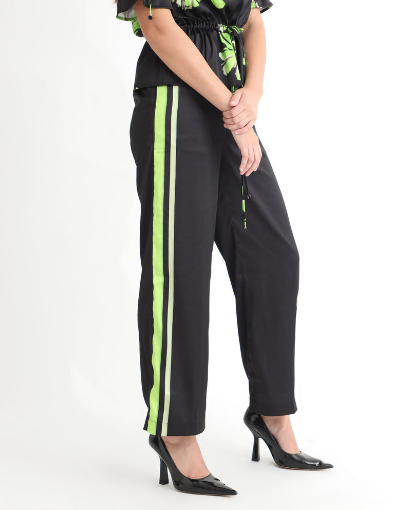 Rareism Women Gordon Black Polyester Fabric Drawstring Closure Regular Fit Striped Ankle Length Trousers