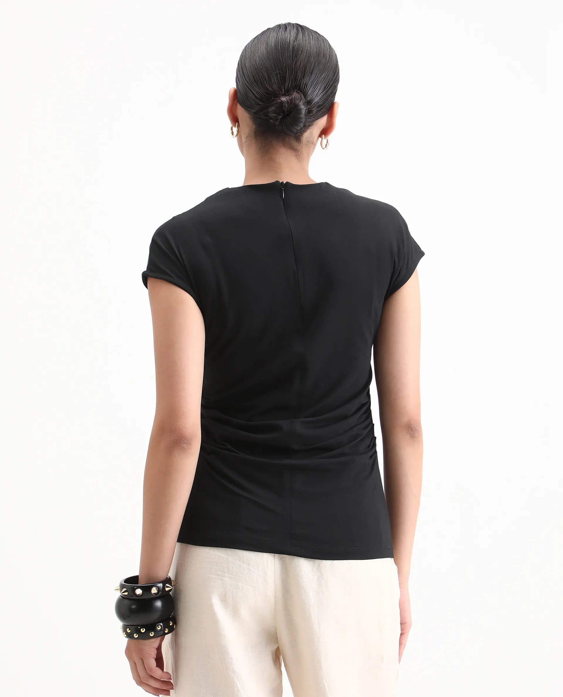 Rareism Women's Granden Black Cotton Crew Neck Plain Extended Sleeves Regular Fit Top