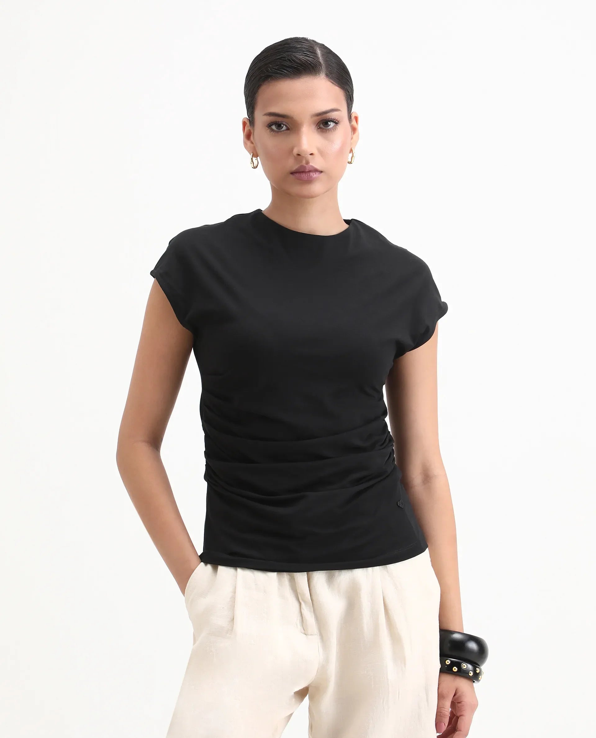 Rareism Women's Granden Black Cotton Crew Neck Plain Extended Sleeves Regular Fit Top