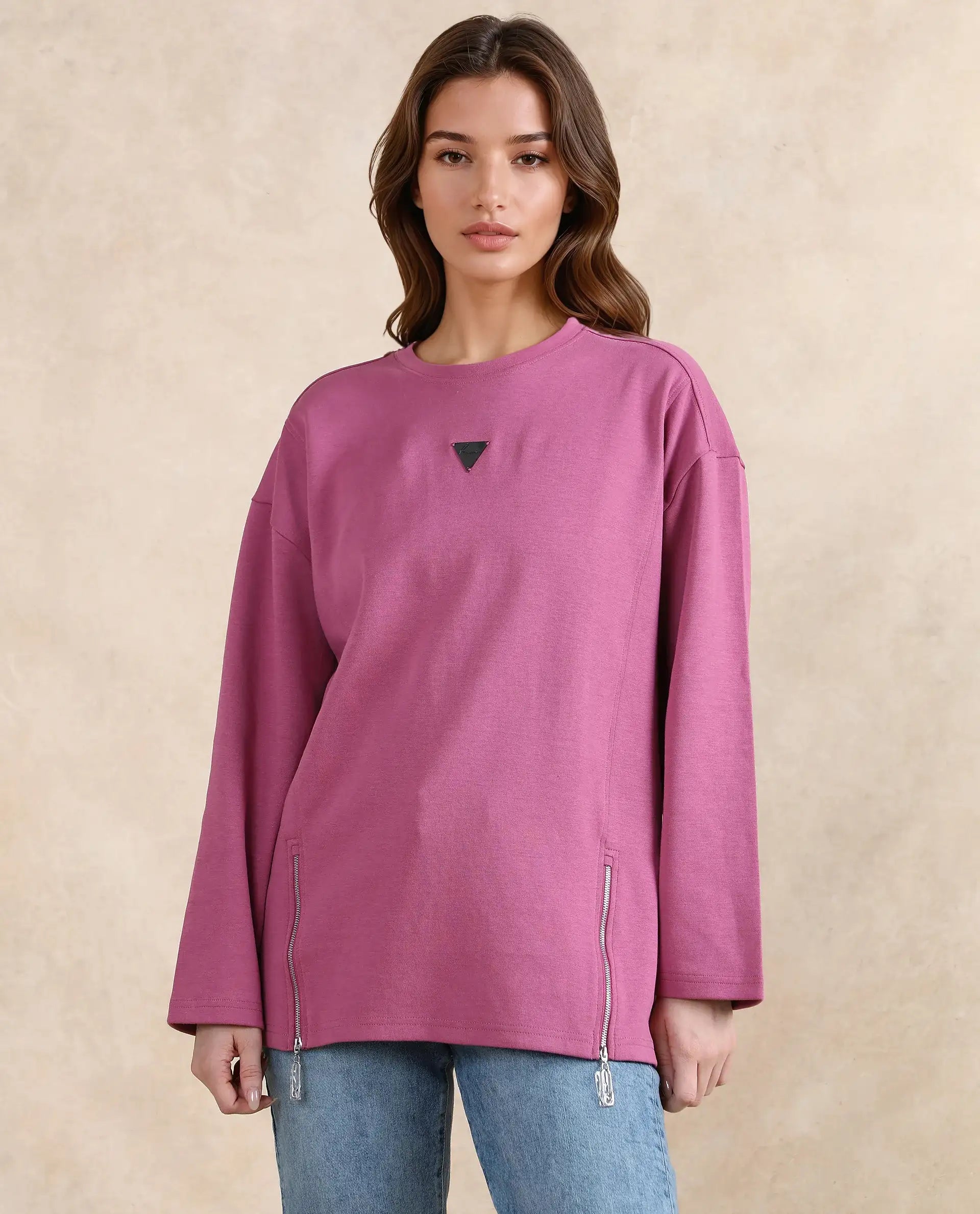 Rareism Women's Gravity Pink Cotton Blend Crew Neck Plain Hip Length Relaxed Fit Sweatshirt