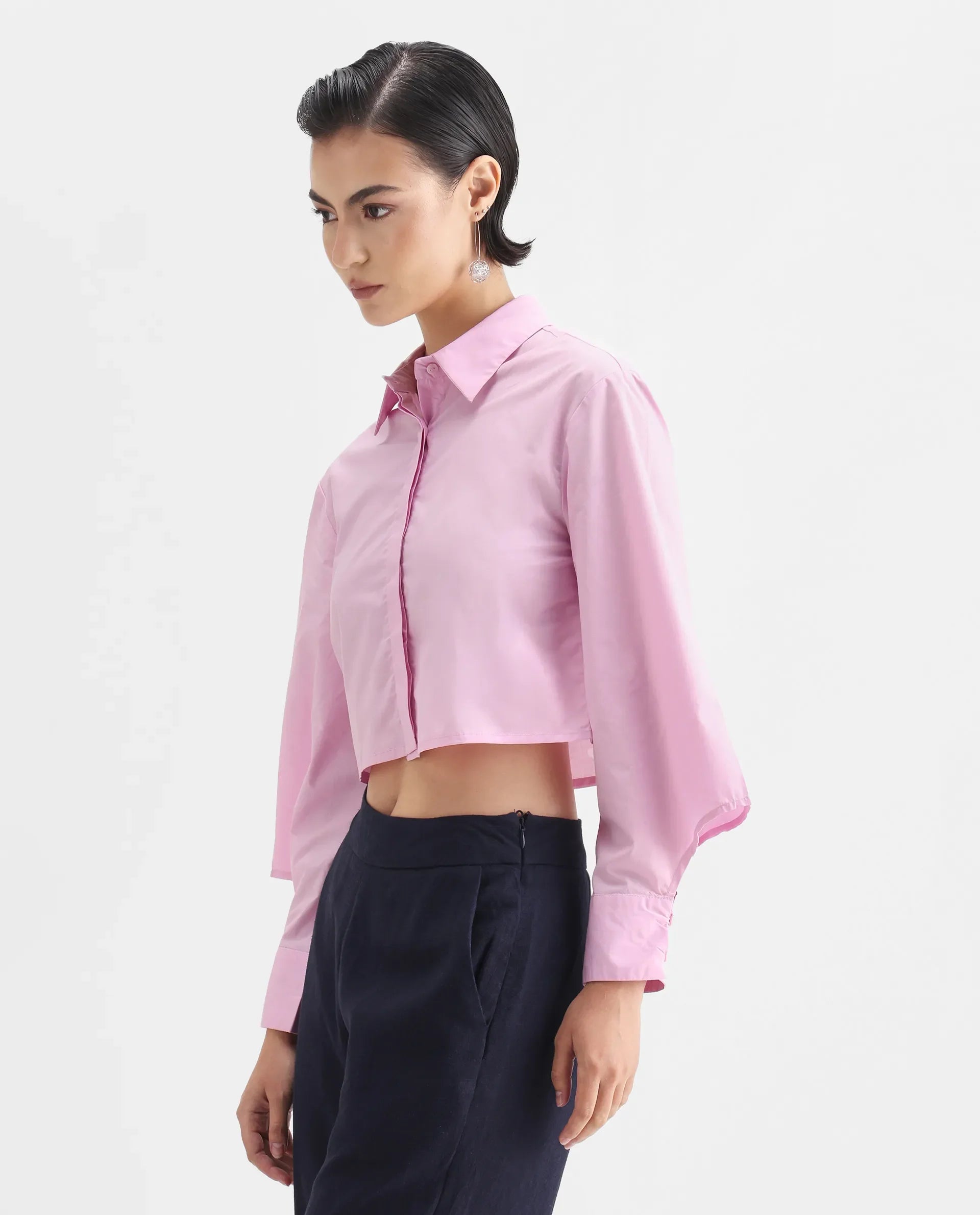 Rareism Women's Grieropo Pink Cotton Spread Collar Plain Fashion Sleeve Crop Regular Fit Top