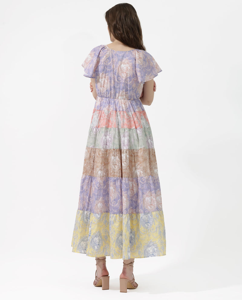Rareism Women'S Grubin Multi Cotton Fabric Short Sleeves V-Neck Raglan Sleeve Fit And Flare Ornamental Print Maxi Dress