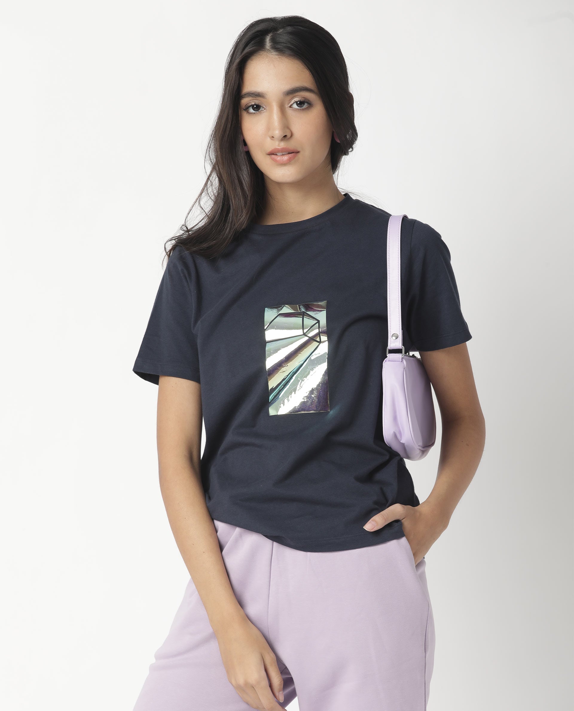 Rareism Women Gulf Navy Cotton Fabric Regular Fit Half Sleeves Graphic Print Crew Neck T-Shirt