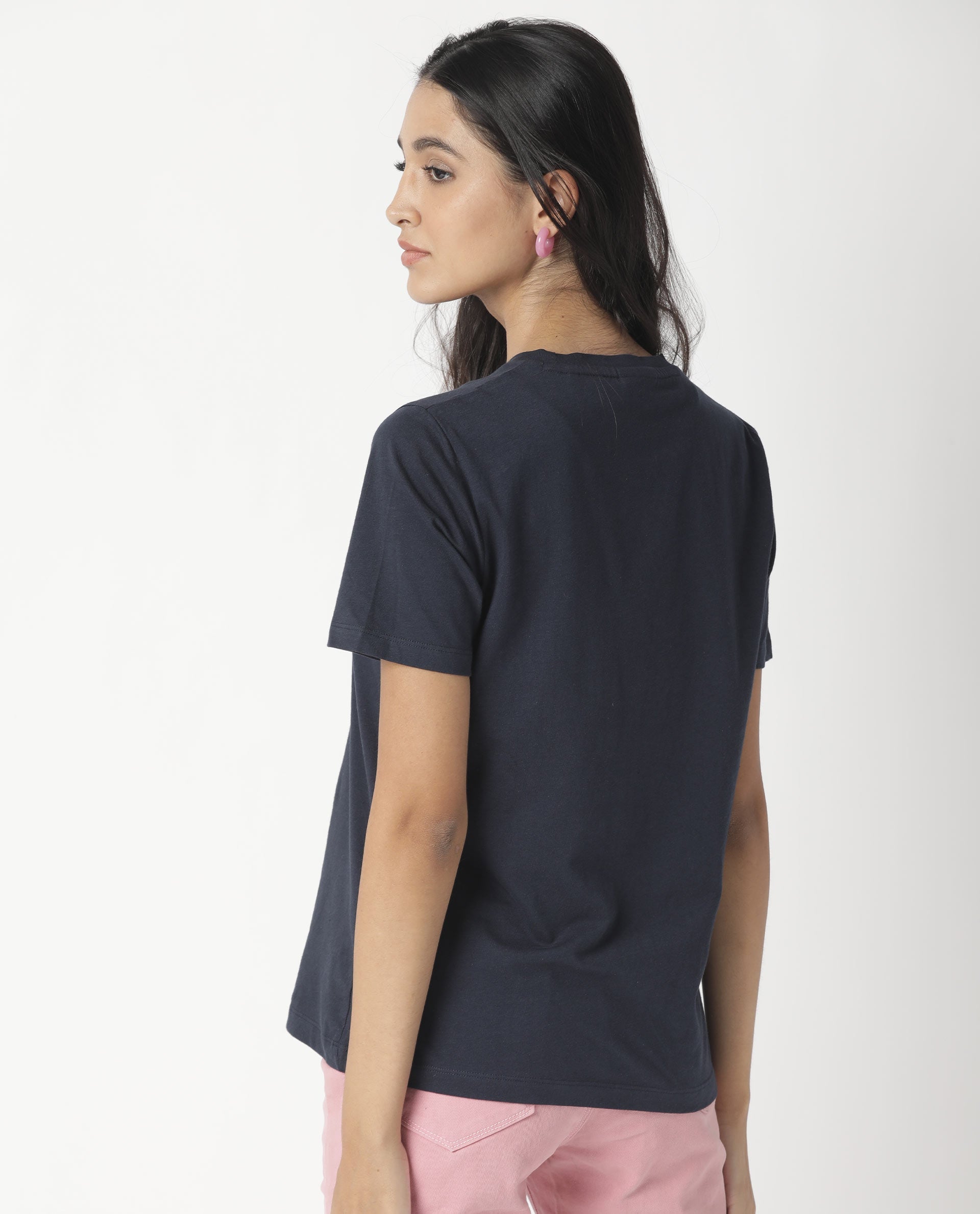 Rareism Women Gulf Navy Cotton Fabric Regular Fit Half Sleeves Graphic Print Crew Neck T-Shirt
