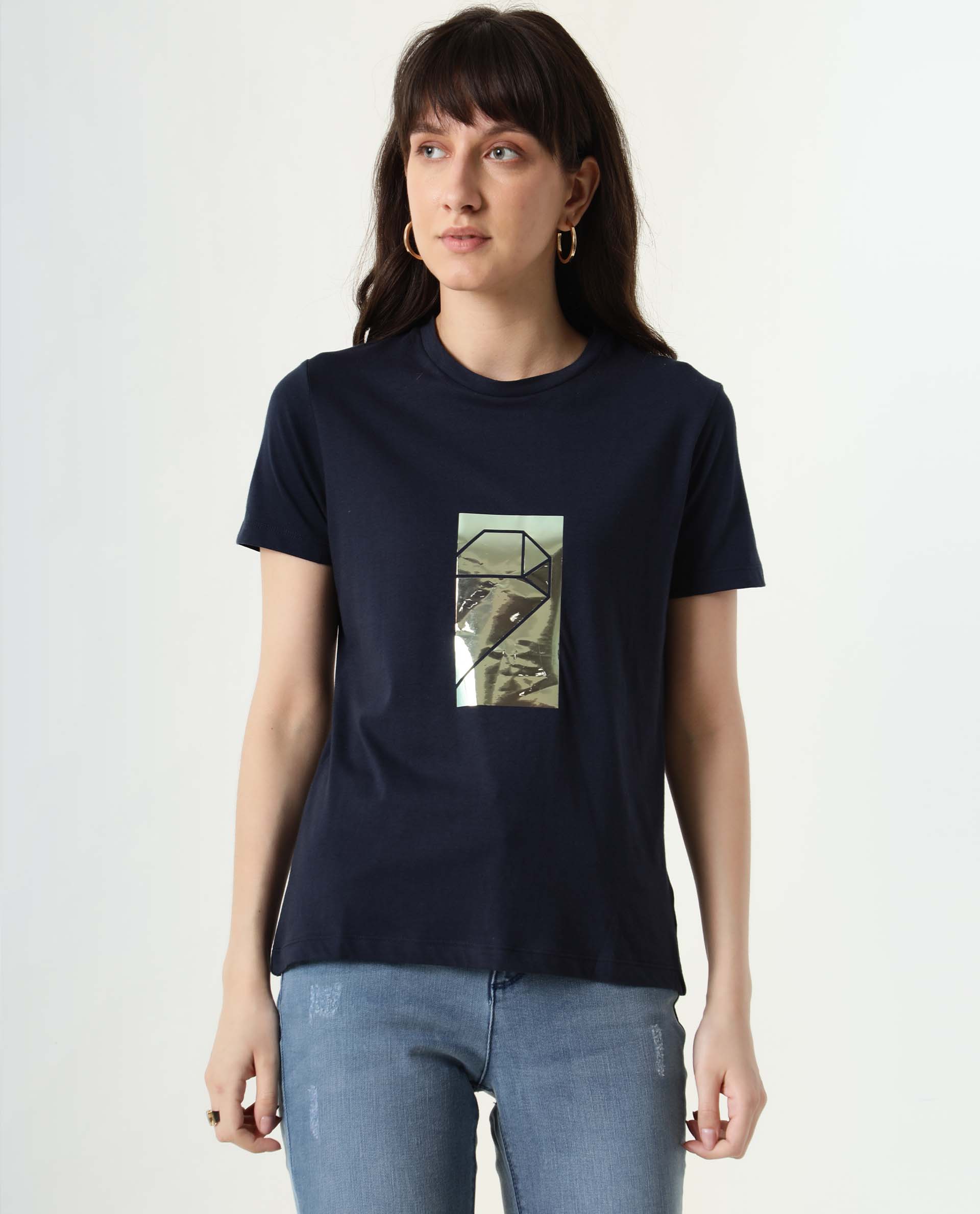 Rareism Women Gulf Navy Cotton Fabric Regular Fit Half Sleeves Graphic Print Crew Neck T-Shirt