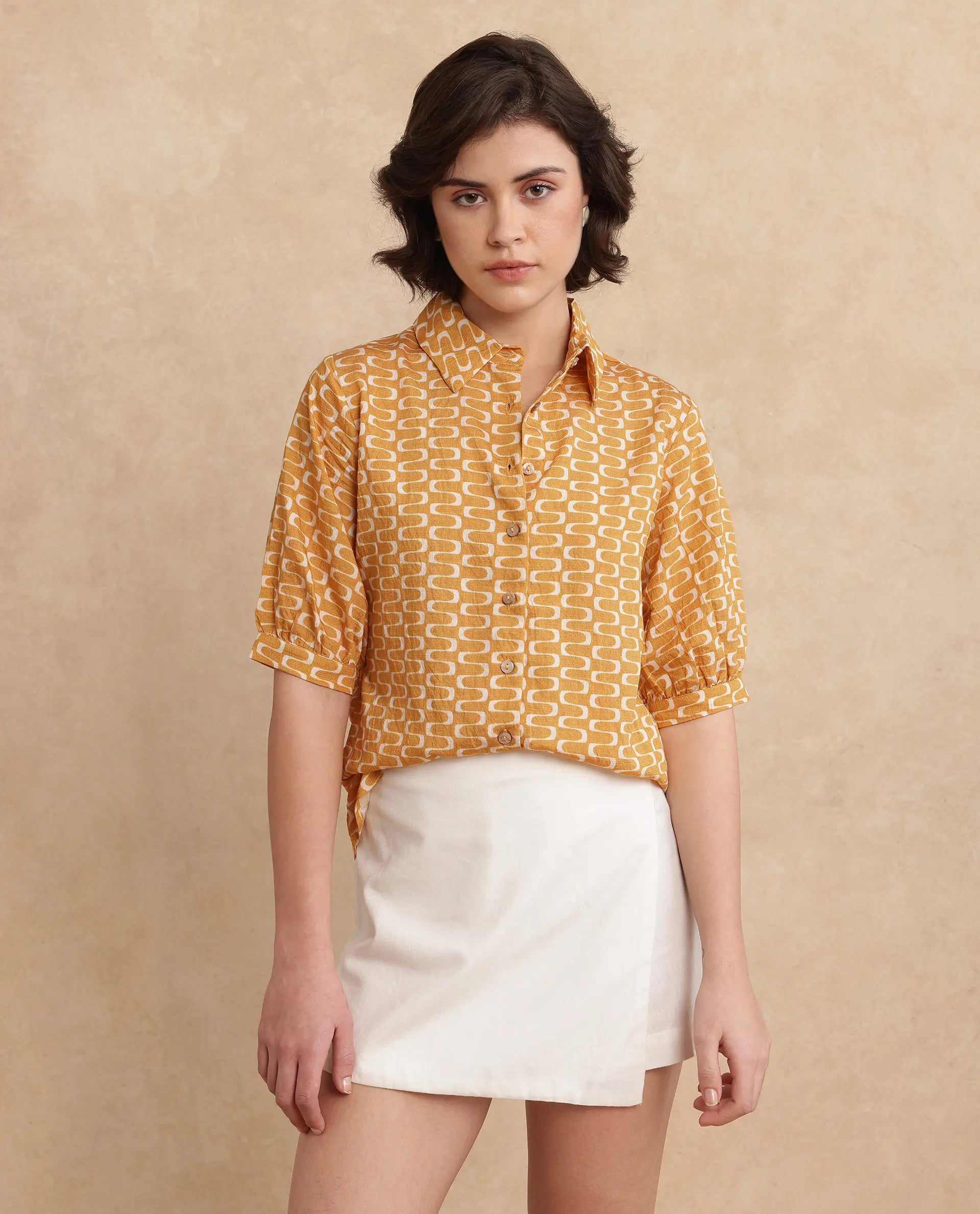 Rareism Women Guno Yellow Nylon Viscose Fabric Bishop Sleeves Collared Neck Button Closure Geometric Print Shirt