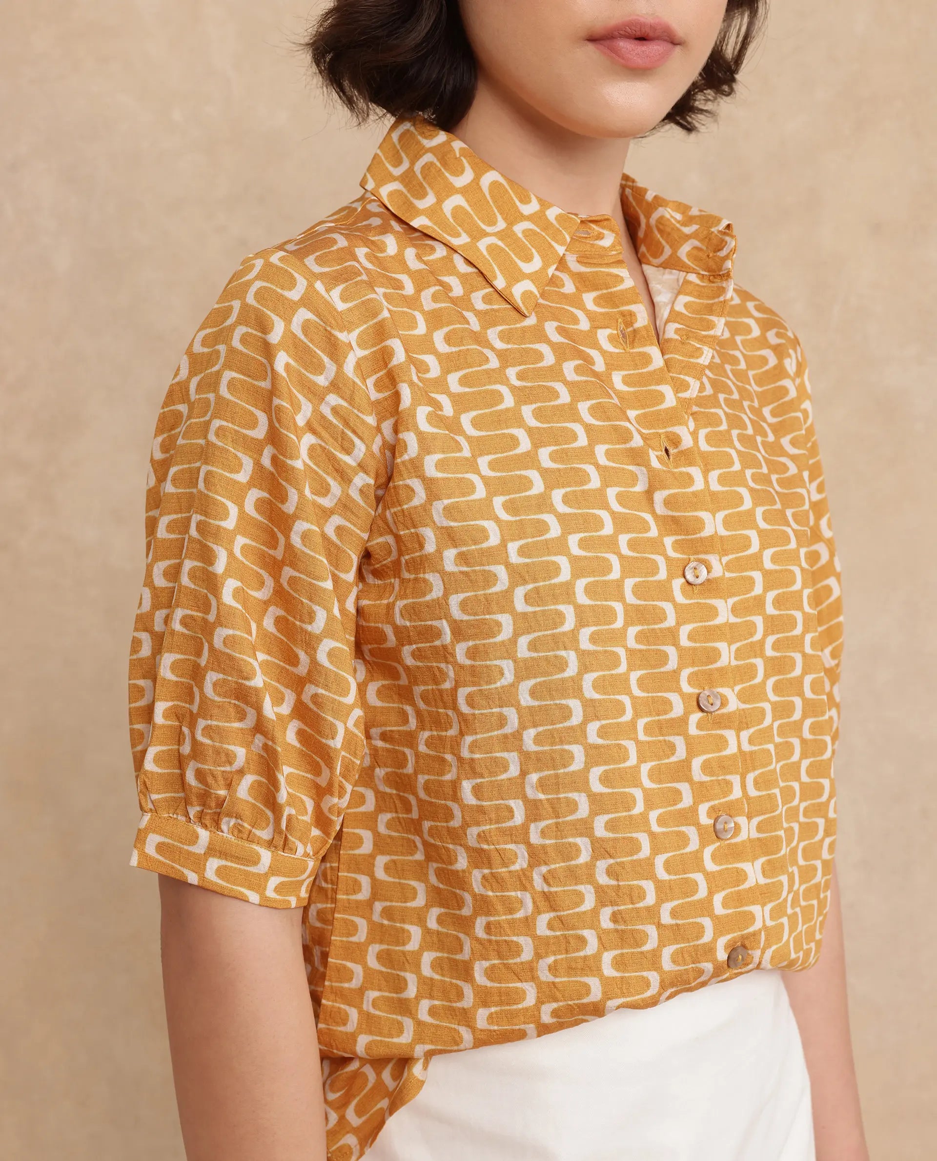 Rareism Women Guno Yellow Nylon Viscose Fabric Bishop Sleeves Collared Neck Button Closure Geometric Print Shirt