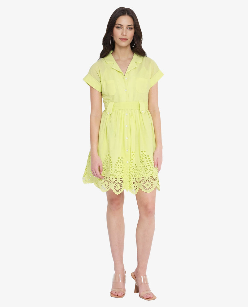 Rareism Women Gunthaar Light Green Cotton Fabric Cap Sleeve Collared Neck Solid Longline Dress