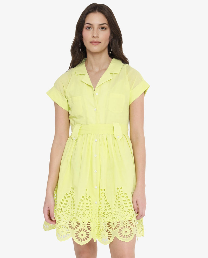 Rareism Women Gunthaar Light Green Cotton Fabric Cap Sleeve Collared Neck Solid Longline Dress