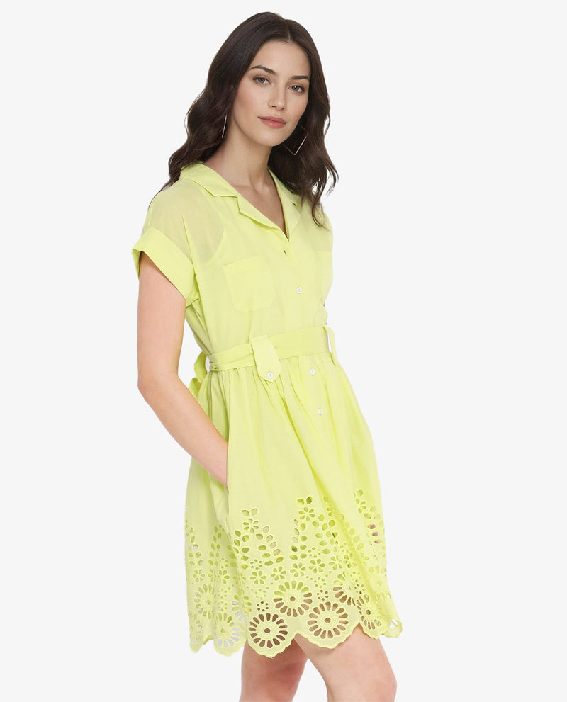 Rareism Women Gunthaar Light Green Cotton Fabric Cap Sleeve Collared Neck Solid Longline Dress