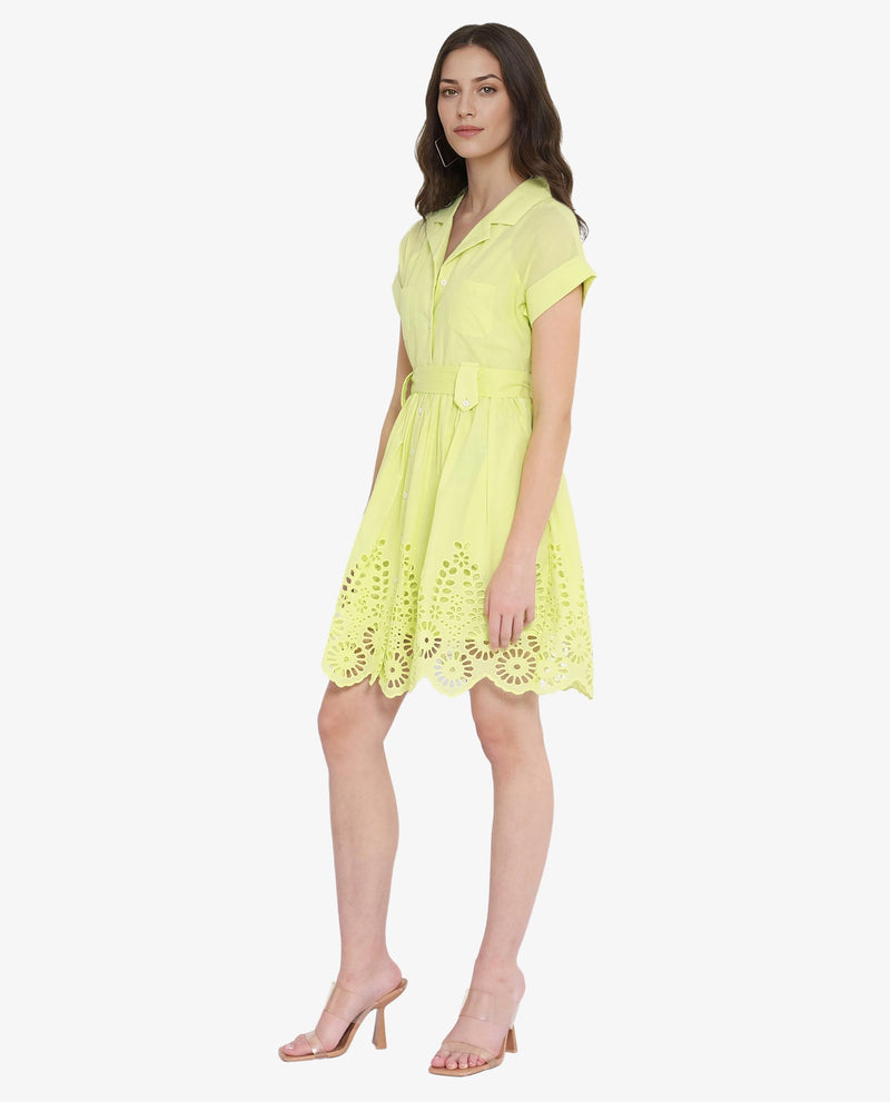 Rareism Women Gunthaar Light Green Cotton Fabric Cap Sleeve Collared Neck Solid Longline Dress