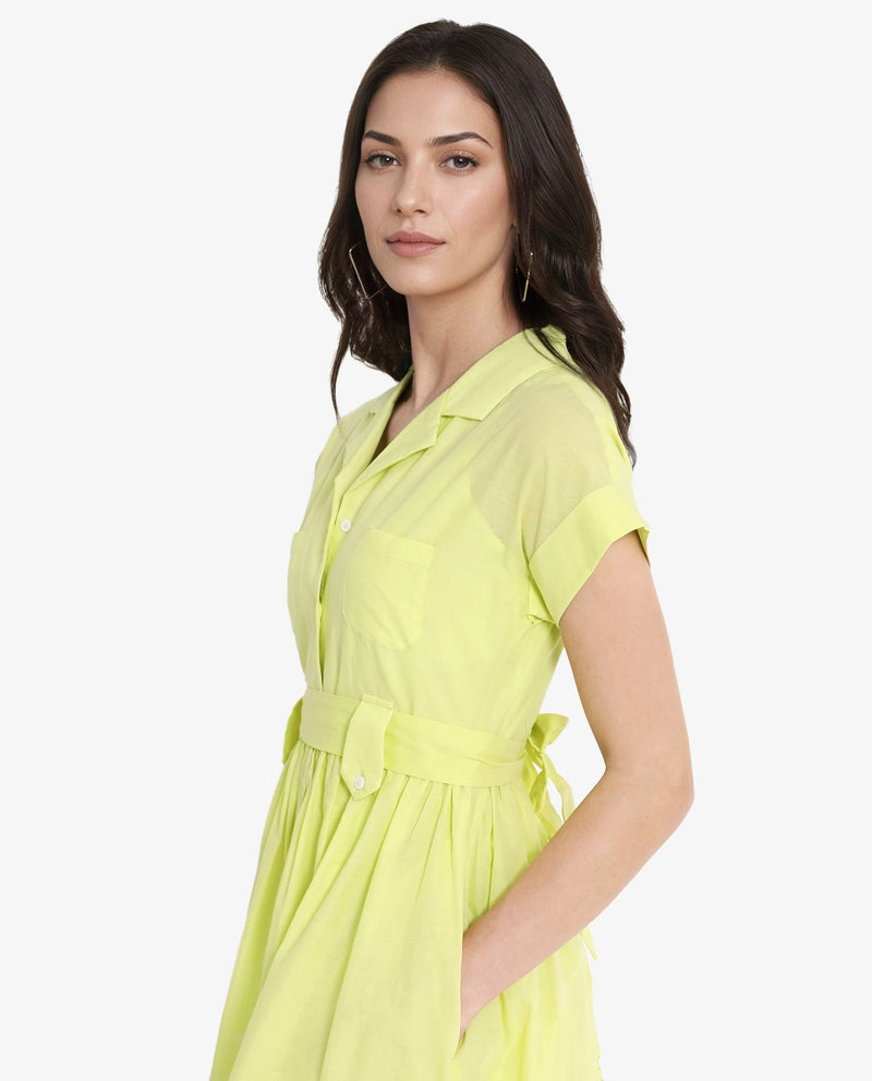 Rareism Women Gunthaar Light Green Cotton Fabric Cap Sleeve Collared Neck Solid Longline Dress