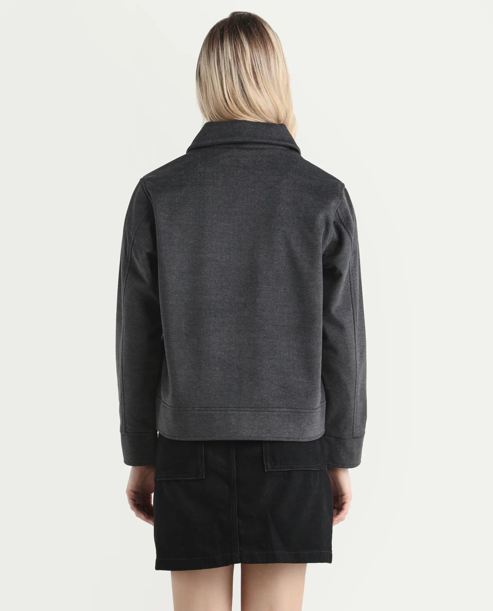 Rareism Women's Gympie Black Spread Collar Plain Cuffed Sleeve Regular Fit Jacket