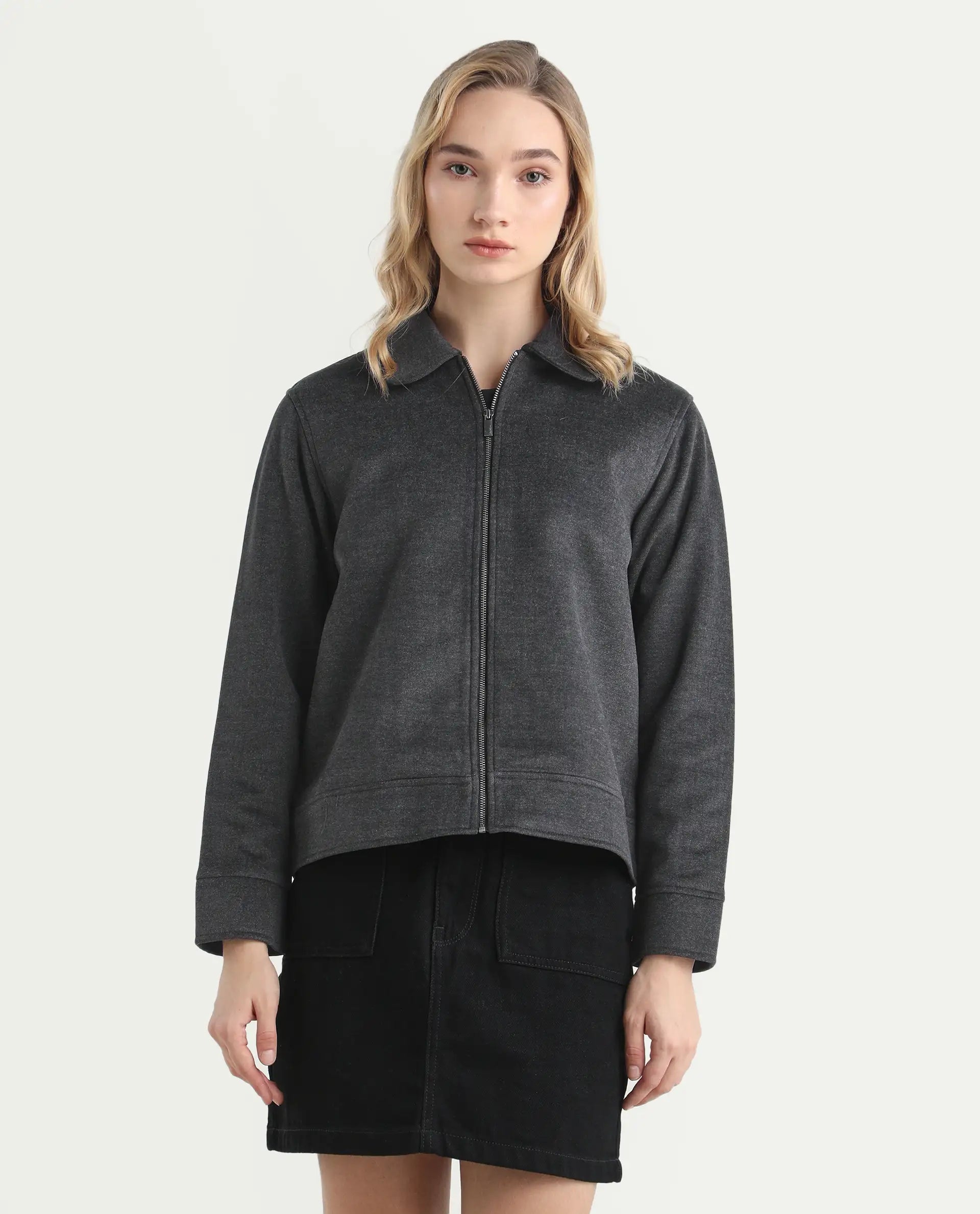 Rareism Women's Gympie Black Spread Collar Plain Cuffed Sleeve Regular Fit Jacket