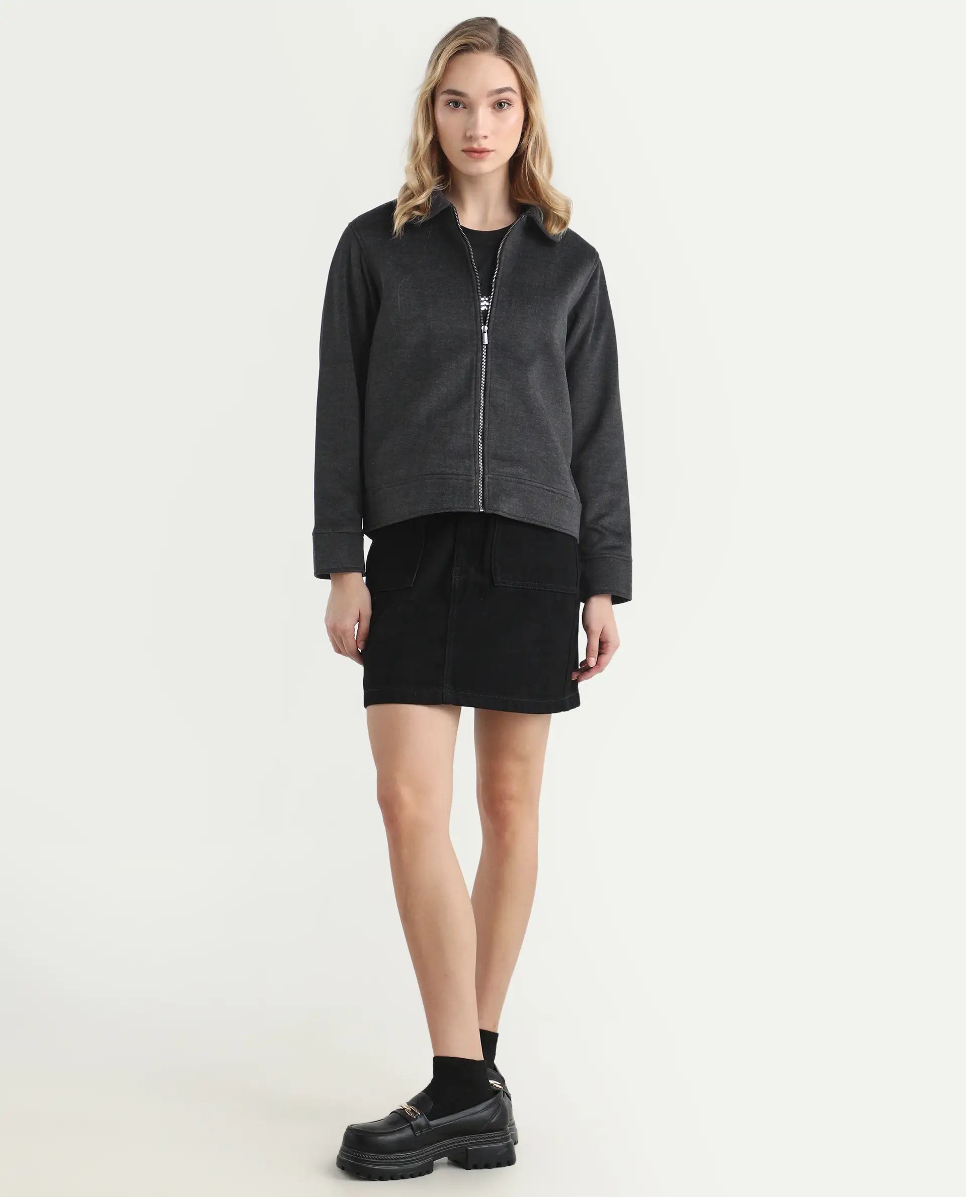 Rareism Women's Gympie Black Spread Collar Plain Cuffed Sleeve Regular Fit Jacket