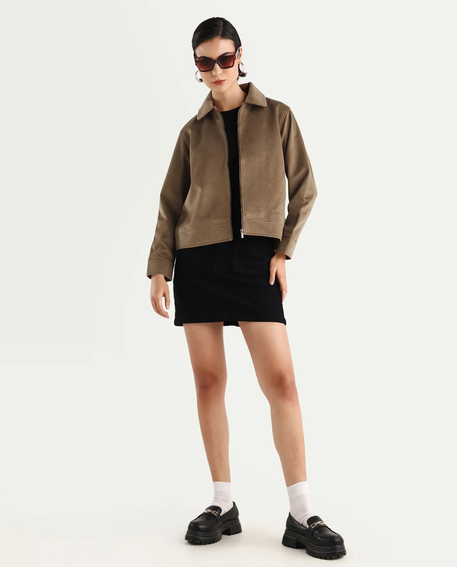 Rareism Women's Gympie Dark Tan Tweed Spread Collar Plain Cuffed Sleeve Regular Fit Jacket