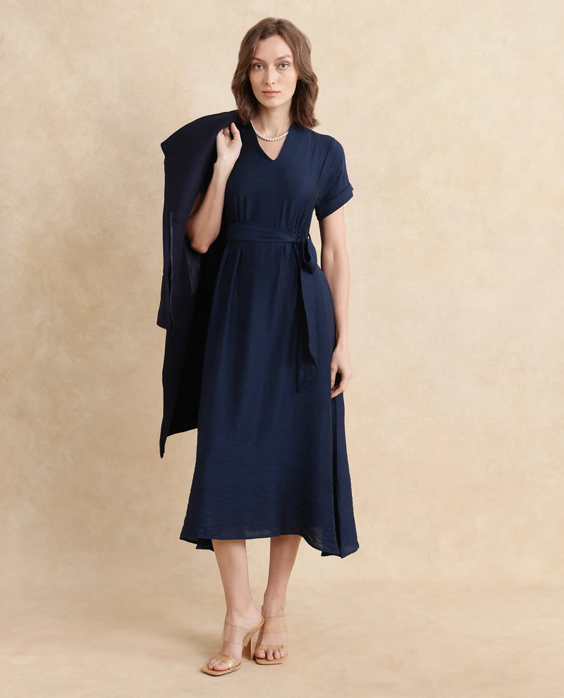 Rareism Women Ehlum Navy Extended Sleeves V-Neck A-Line Midi Plain Dress