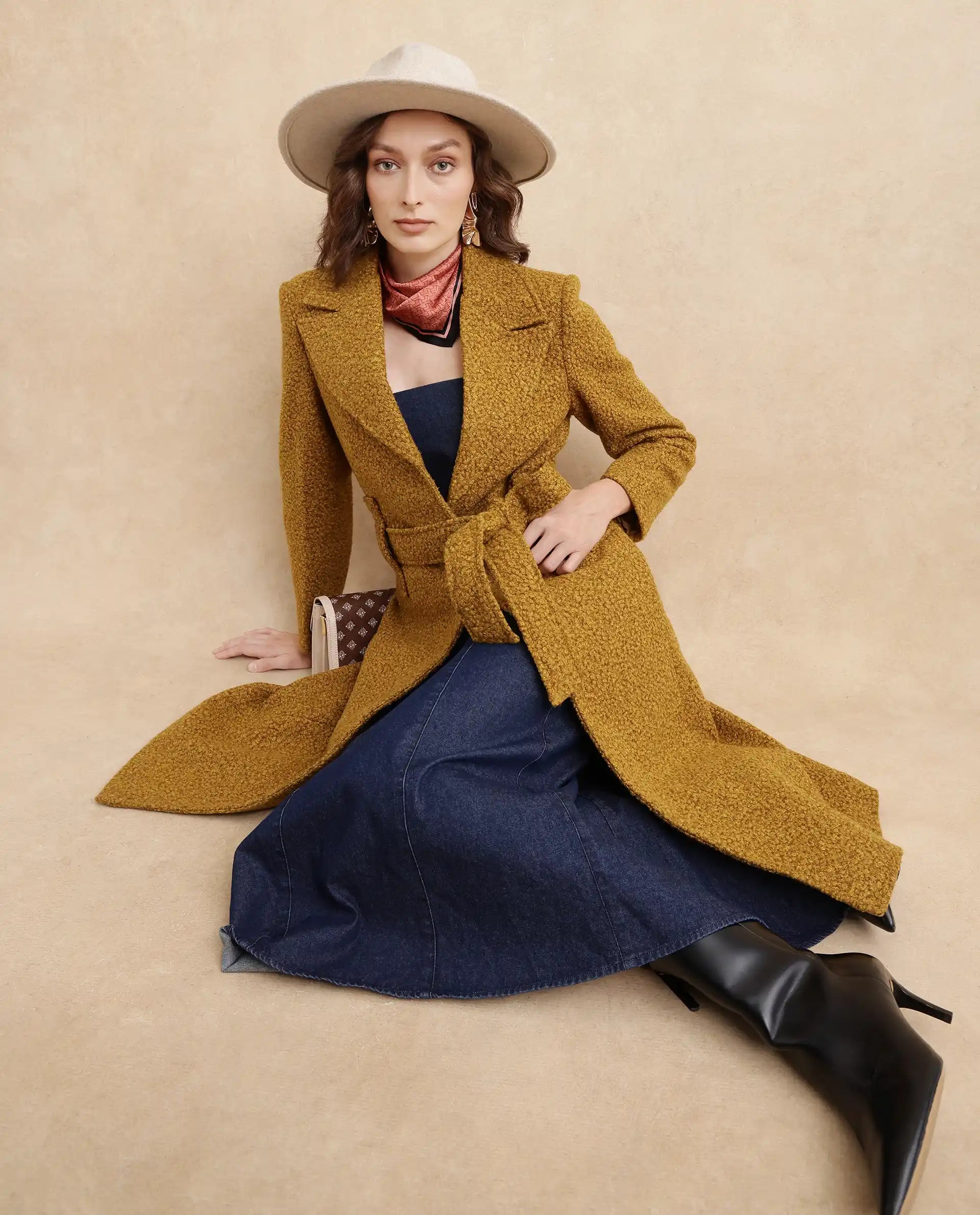 Rareism Women's Gisbor Yellow Sherpa Lapel Neck Plain Midi Regular Fit Jacket