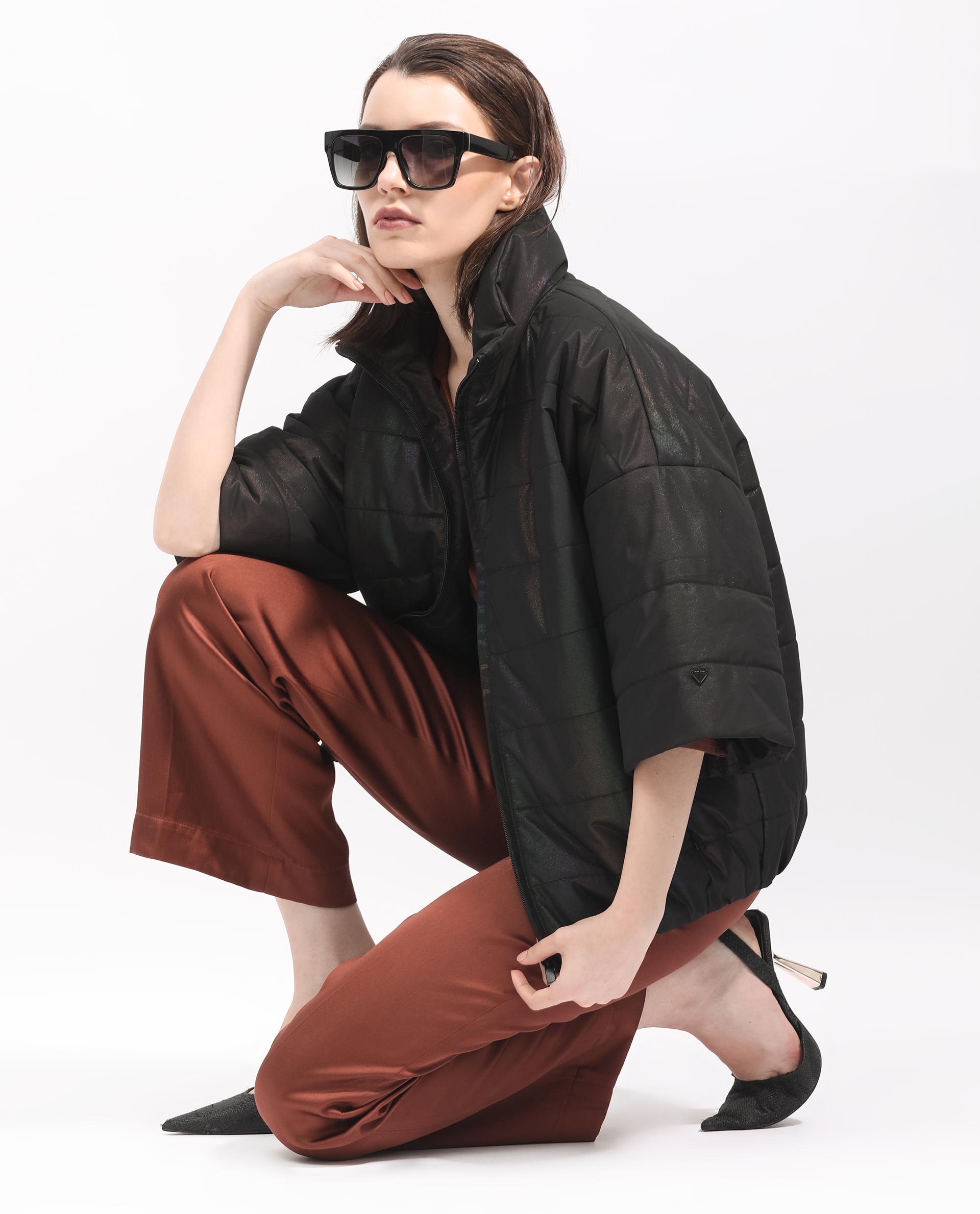 Rareism Women's Habit Black Polyester High Neck Plain Bell Sleeve Regular Fit Jacket