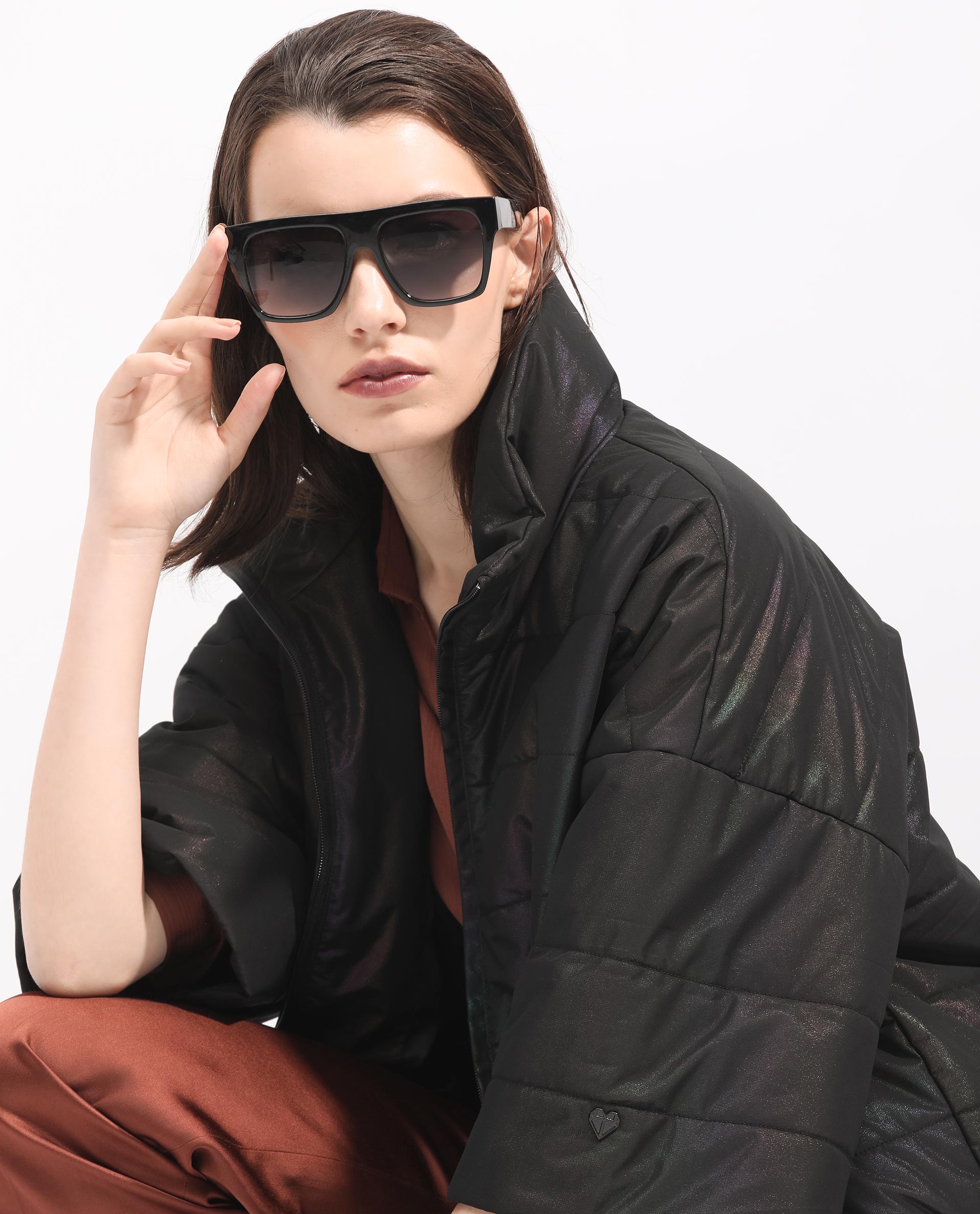 Rareism Women's Habit Black Polyester High Neck Plain Bell Sleeve Regular Fit Jacket