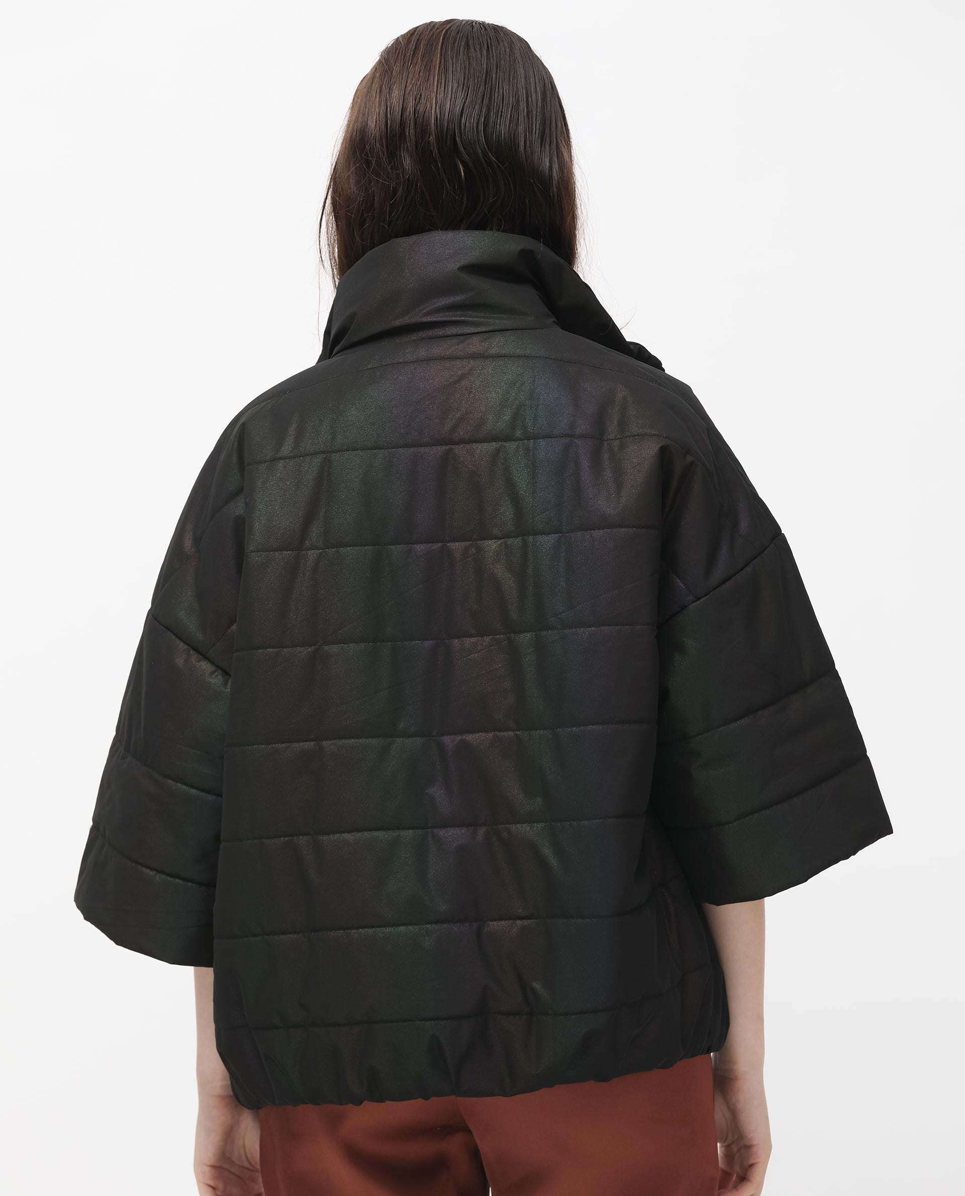 Rareism Women's Habit Black Polyester High Neck Plain Bell Sleeve Regular Fit Jacket