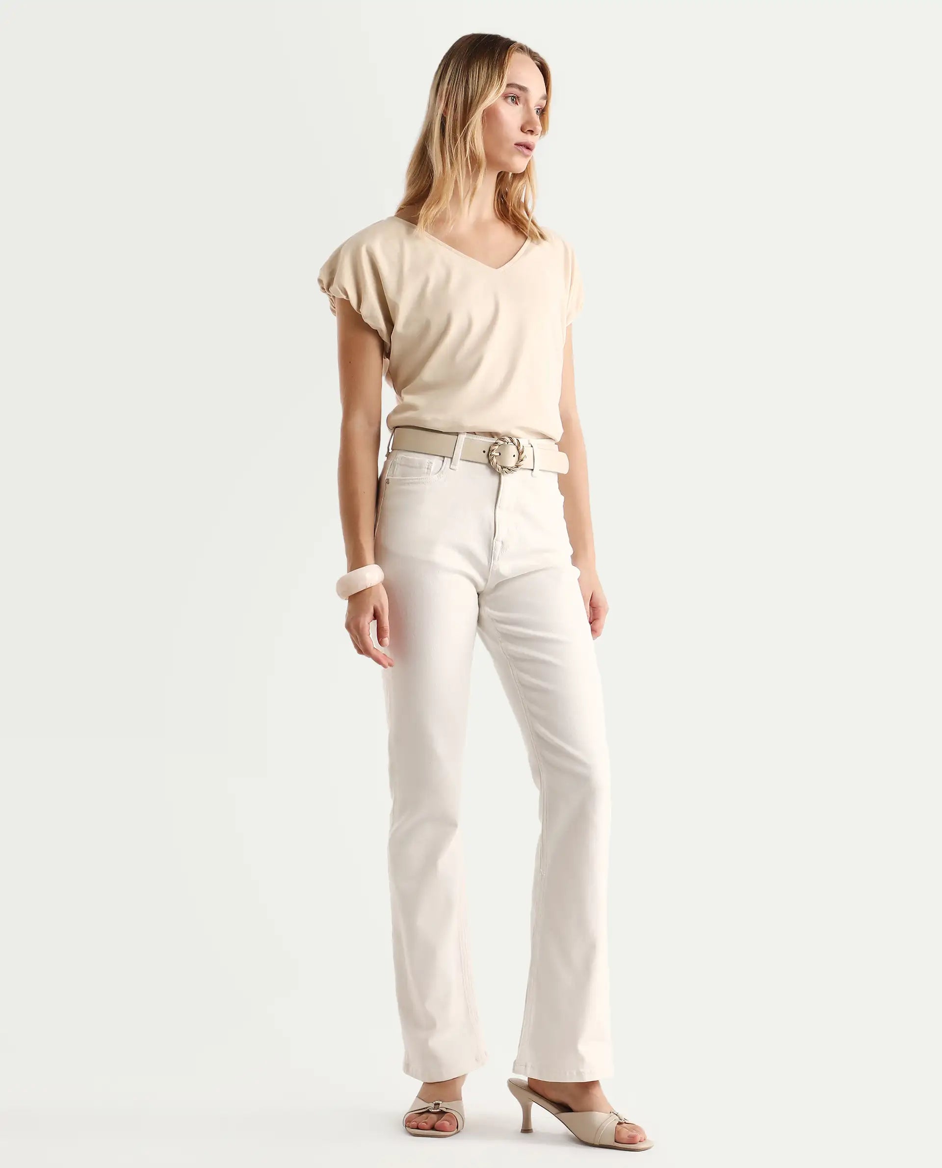 Rareism Women's Hadley White Cotton Blend Plain Ankle Length Iconic Bootcut Jeans