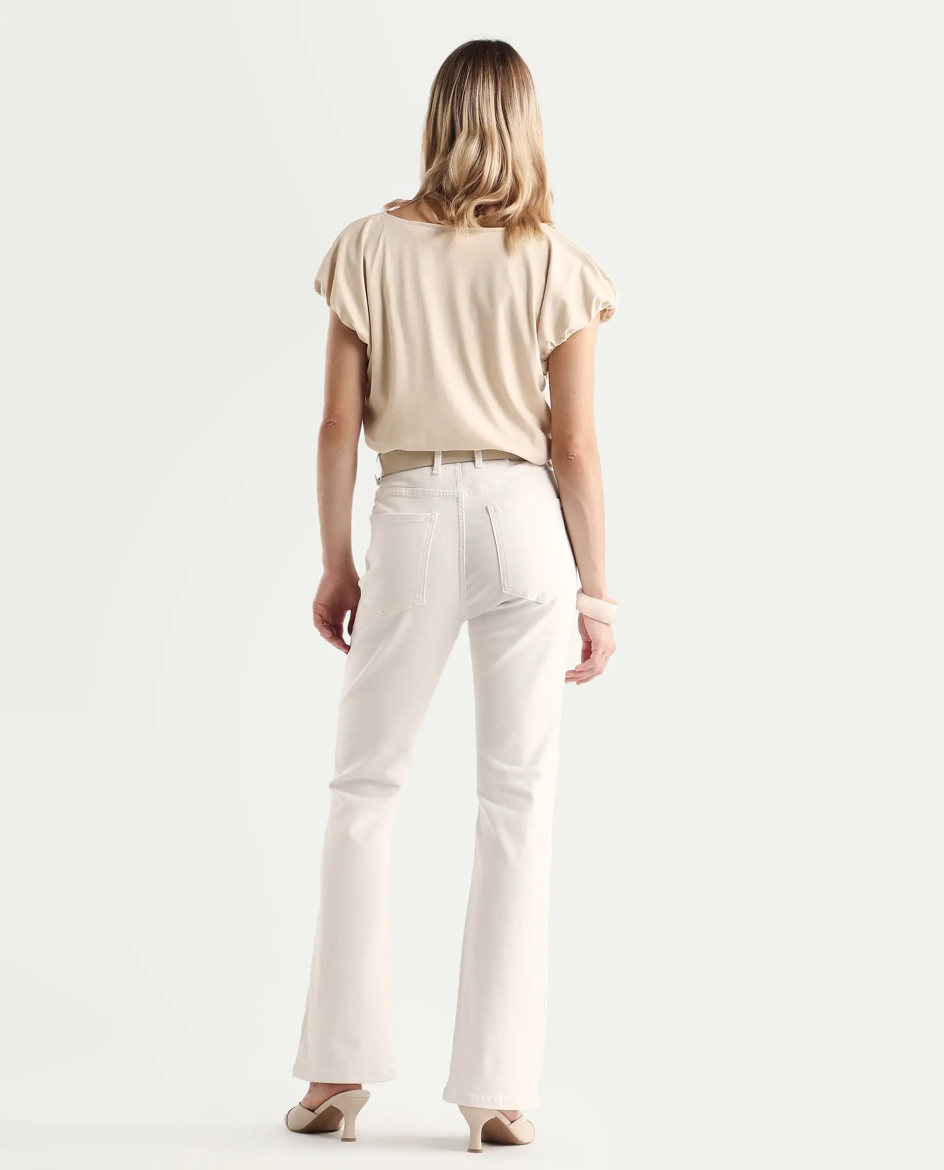 Rareism Women's Hadley White Cotton Blend Plain Ankle Length Iconic Bootcut Jeans