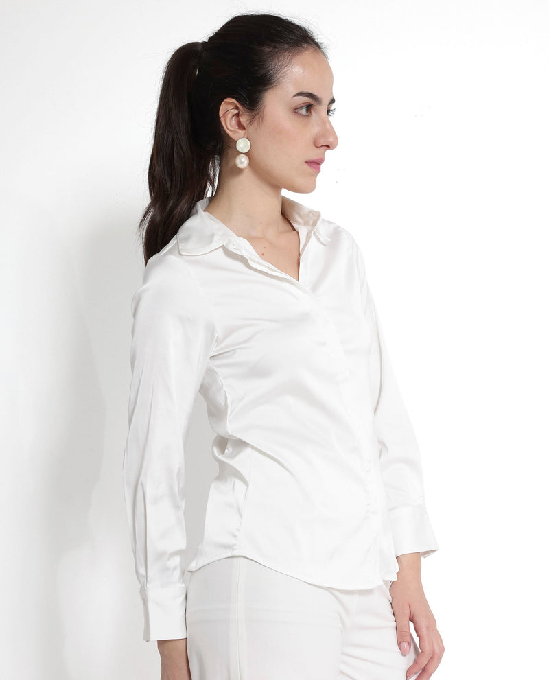 Rareism Women Haipe White Cuffed Sleeve Regular Collar Plain Shirt