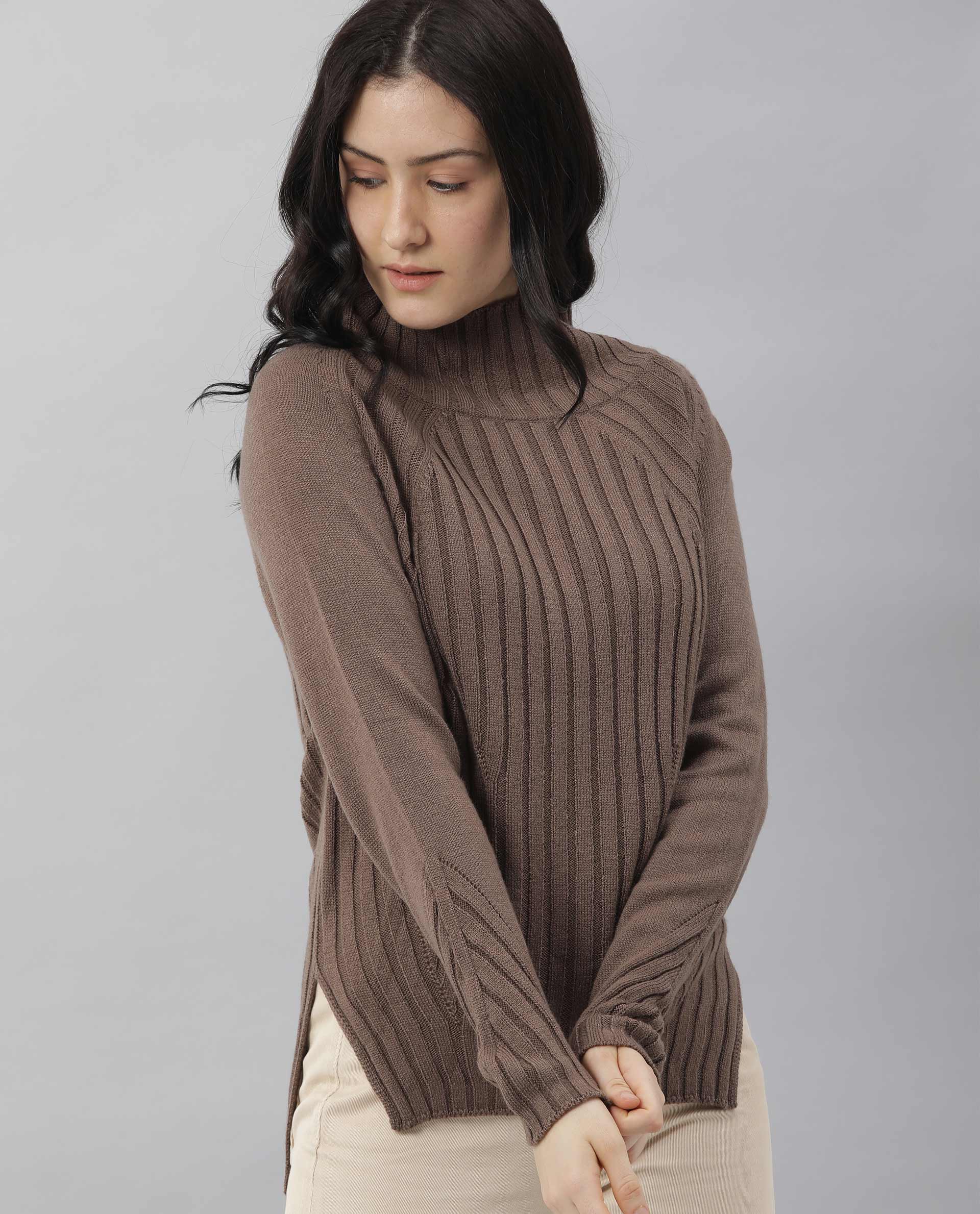 Rareism Women Halo Brown Acrylic Fabric Full Sleeves Regular Fit Solid High Neck Sweater