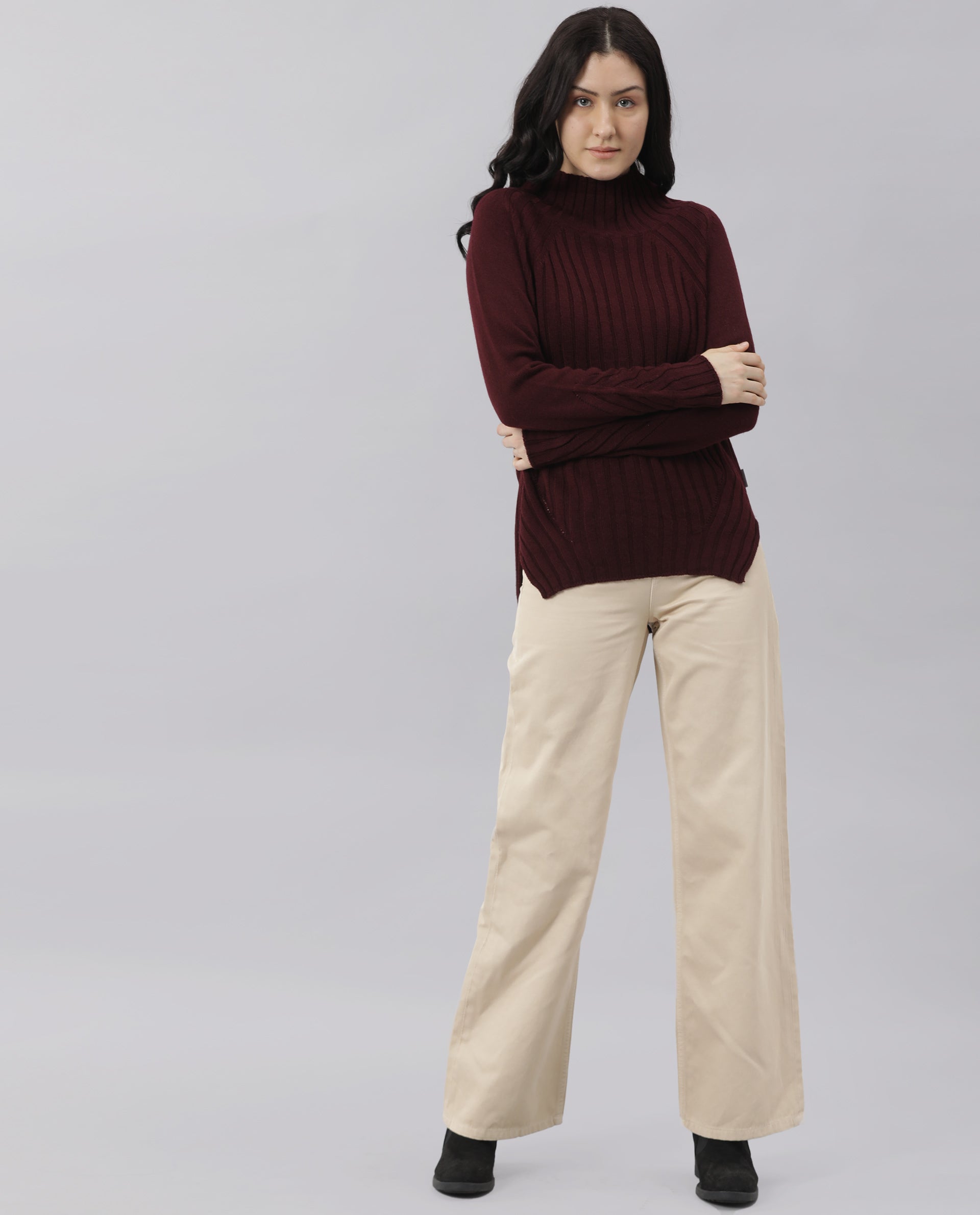 Rareism Women Halo Maroon Acrylic Fabric Full Sleeves Regular Fit Solid High Neck Sweater
