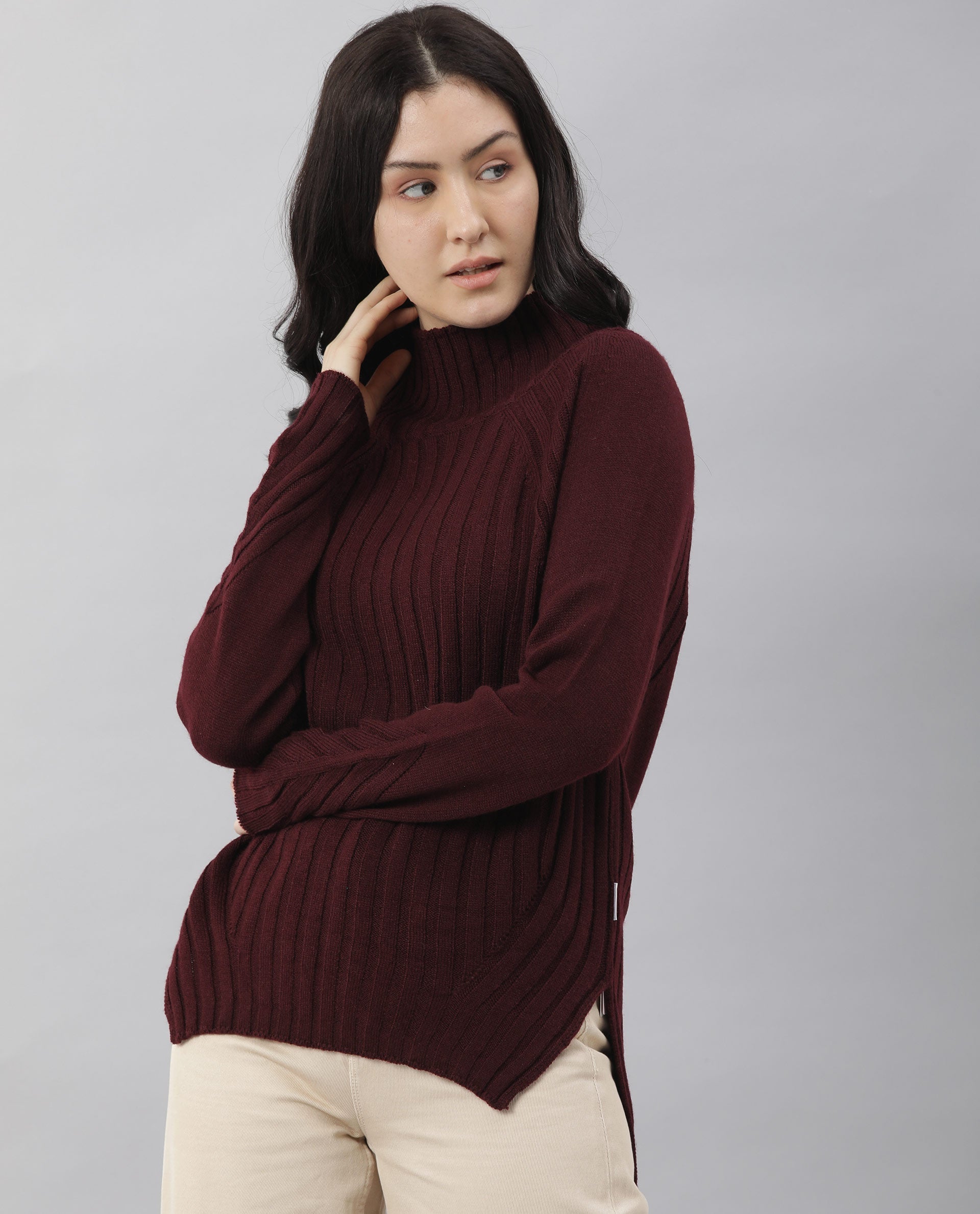 Rareism Women Halo Maroon Acrylic Fabric Full Sleeves Regular Fit Solid High Neck Sweater