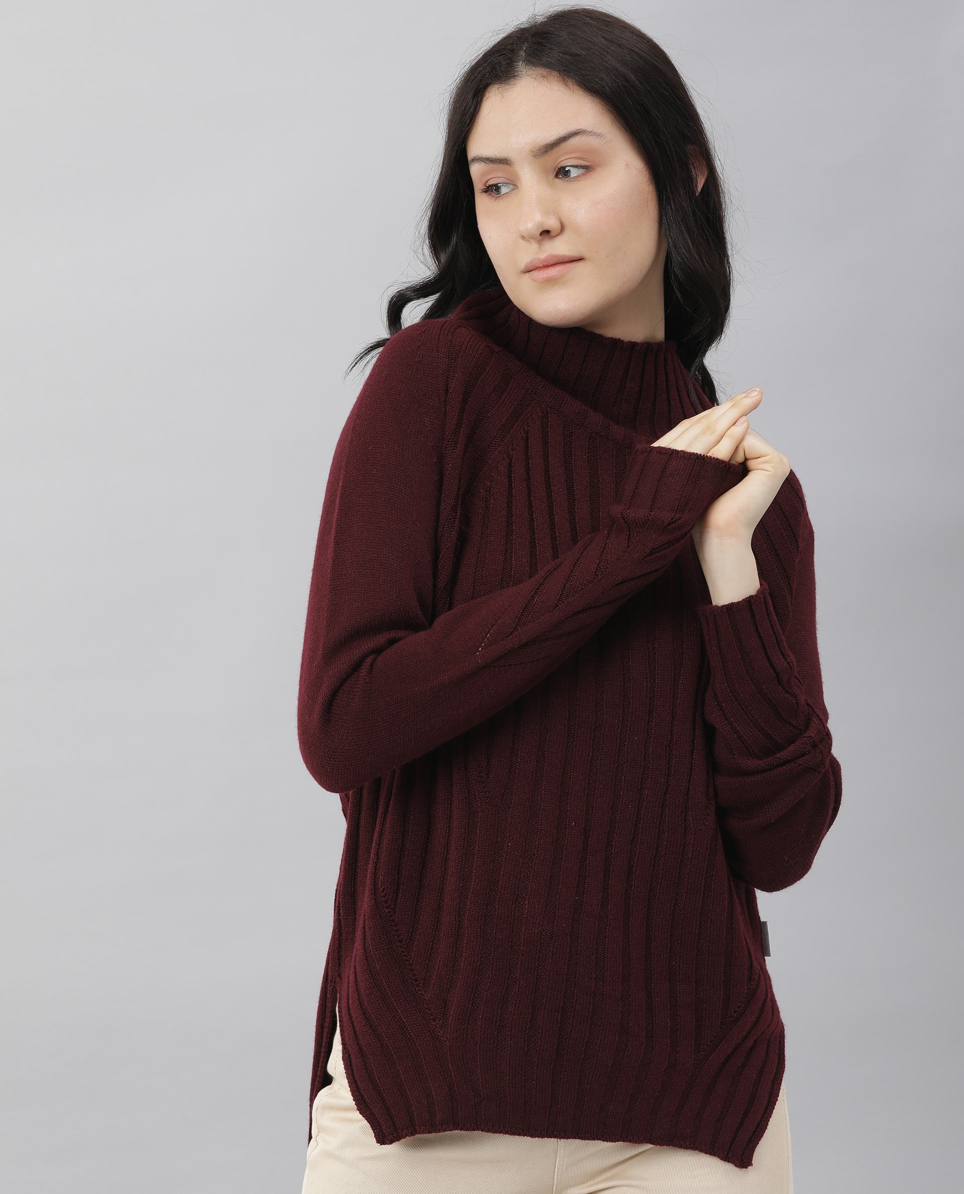 Rareism Women Halo Maroon Acrylic Fabric Full Sleeves Regular Fit Solid High Neck Sweater