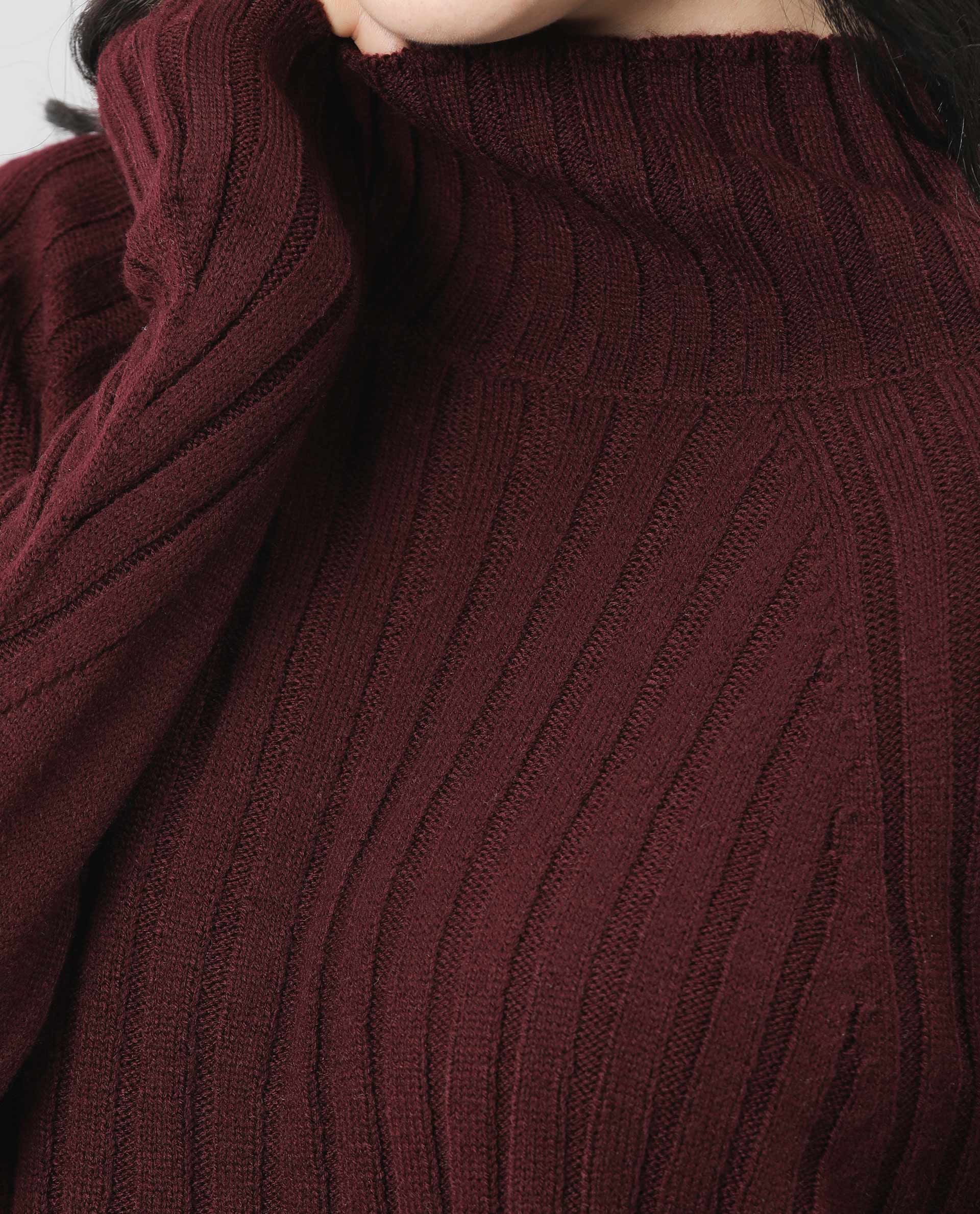 Rareism Women Halo Maroon Acrylic Fabric Full Sleeves Regular Fit Solid High Neck Sweater